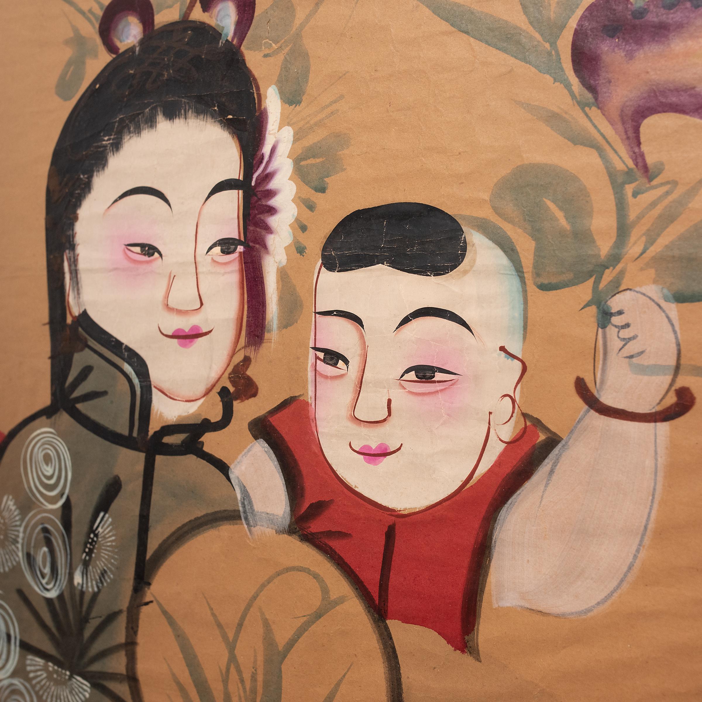 Chinese New Year paintings (nian hua) are colorful folk paintings created to celebrate the annual Spring Festival. Drawn or printed by folk artists in regional studios, nian hua paintings featured exaggerated characters with bright and contrasting