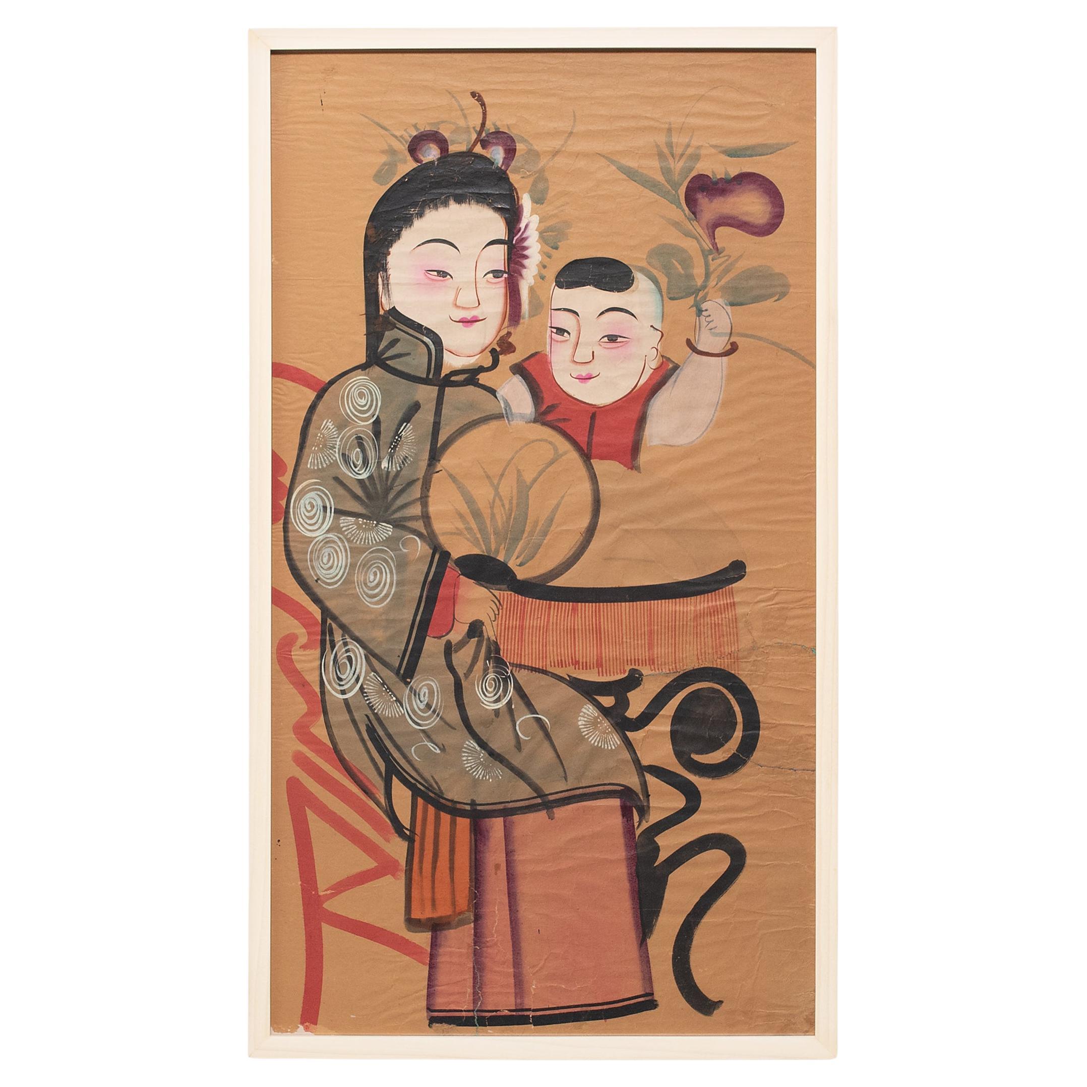 Chinese Yangliuqing New Year Painting of Beauty and Baby, c. 1920 For Sale