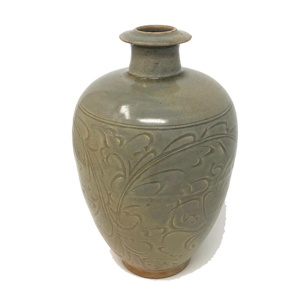18th Century and Earlier Chinese Yaozhou Celadon Ceramic Bottle Vase For Sale