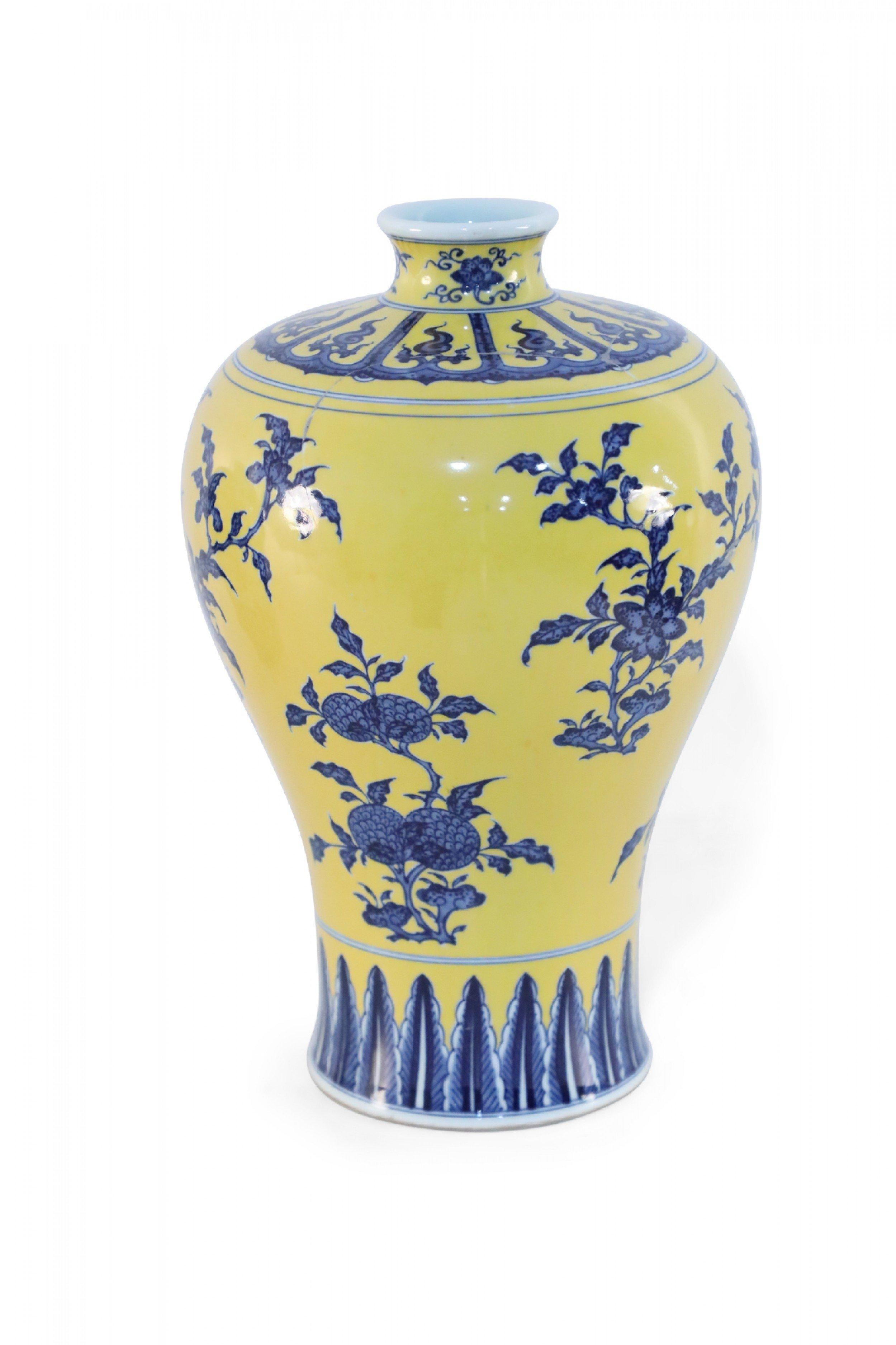 19th Century Chinese Yellow and Blue Floral Meiping Porcelain Vase