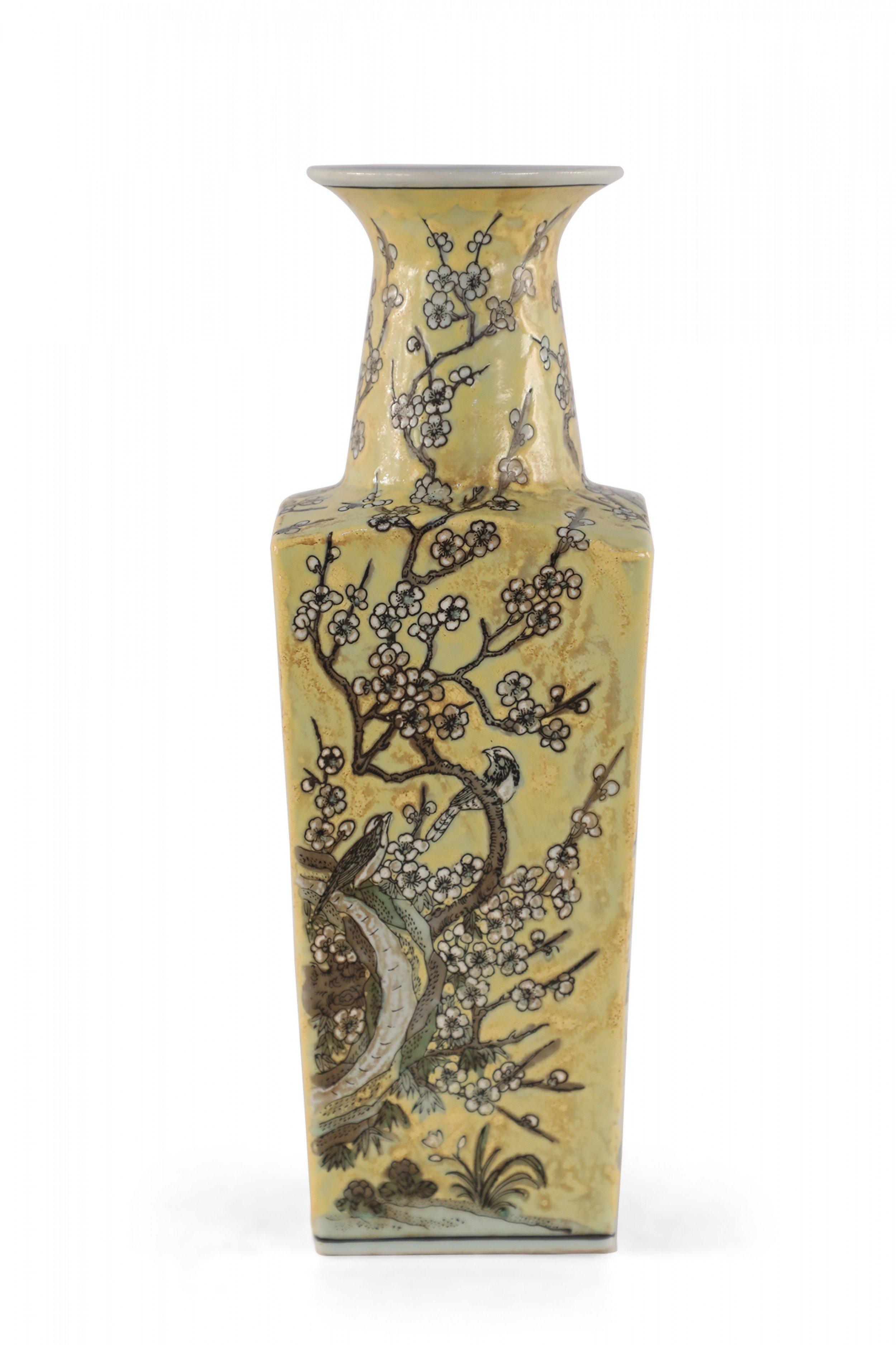 Chinese Yellow and Cherry Blossom Design Porcelain Sleeve Vase For Sale 4