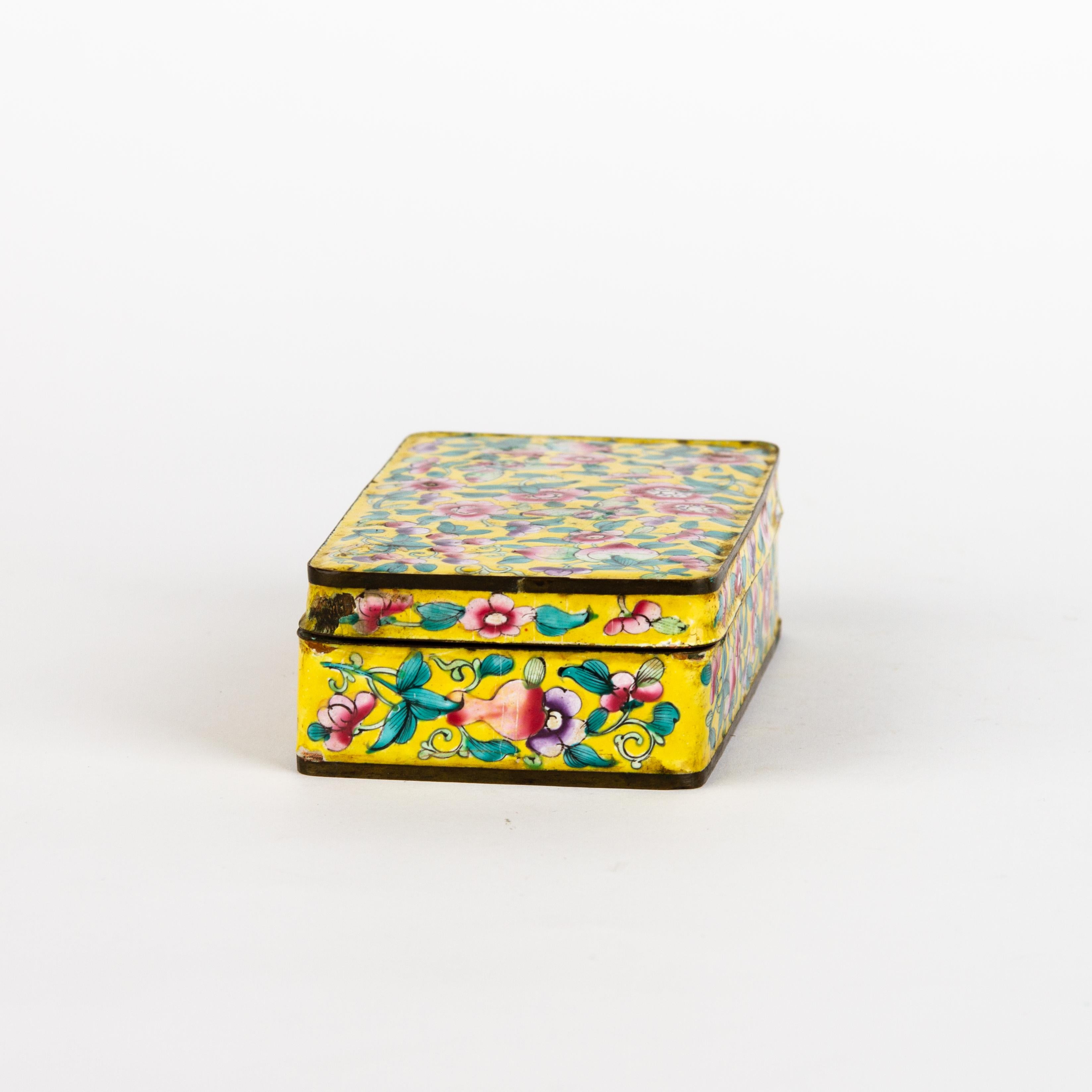 Metal Chinese Yellow Canton Hand-Painted Butterflies Enamel Lidded Box 19th Century For Sale