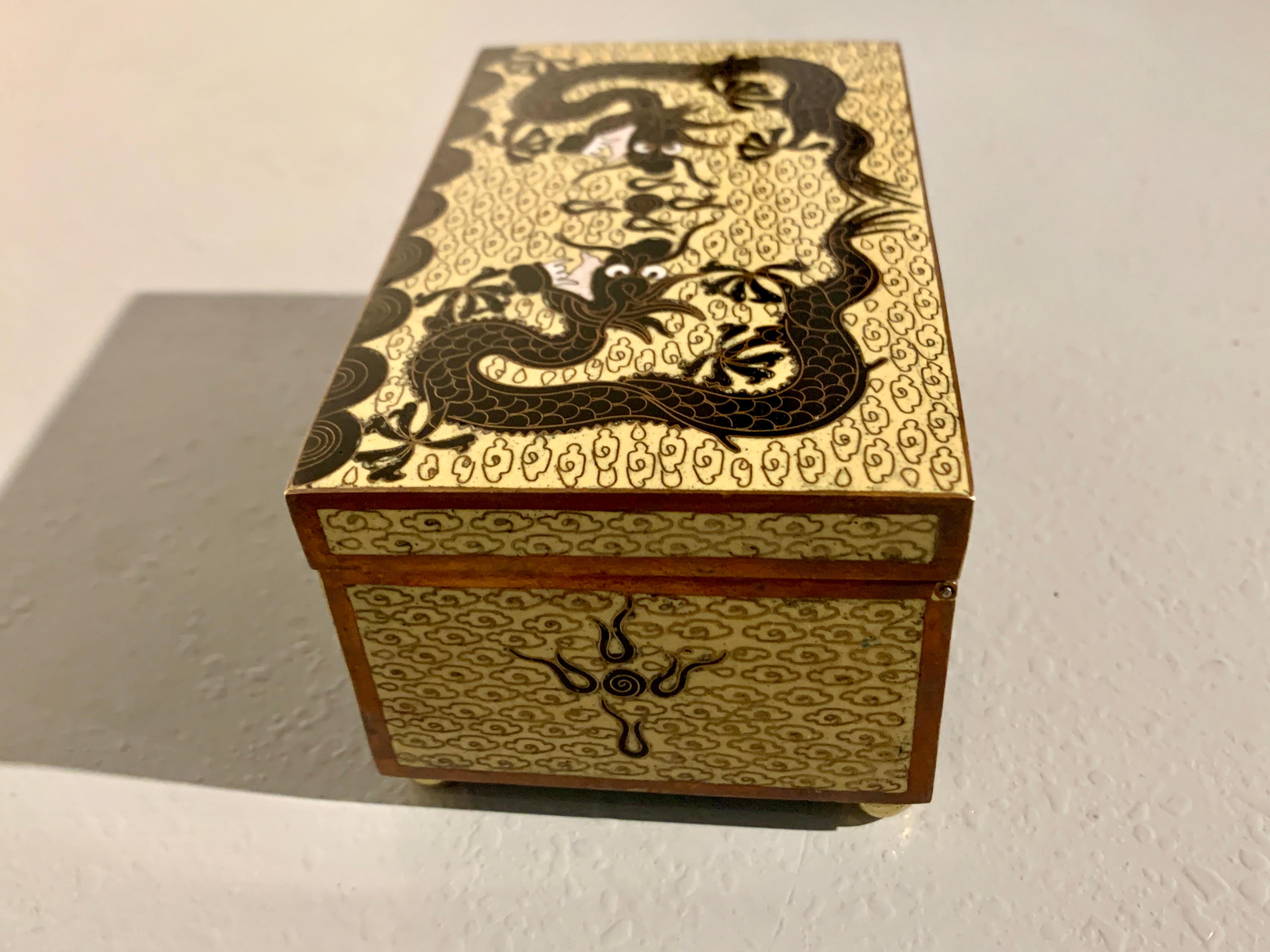 Cloissoné Chinese Yellow Cloisonne Dragon Box, Republic Period, circa 1920, China For Sale