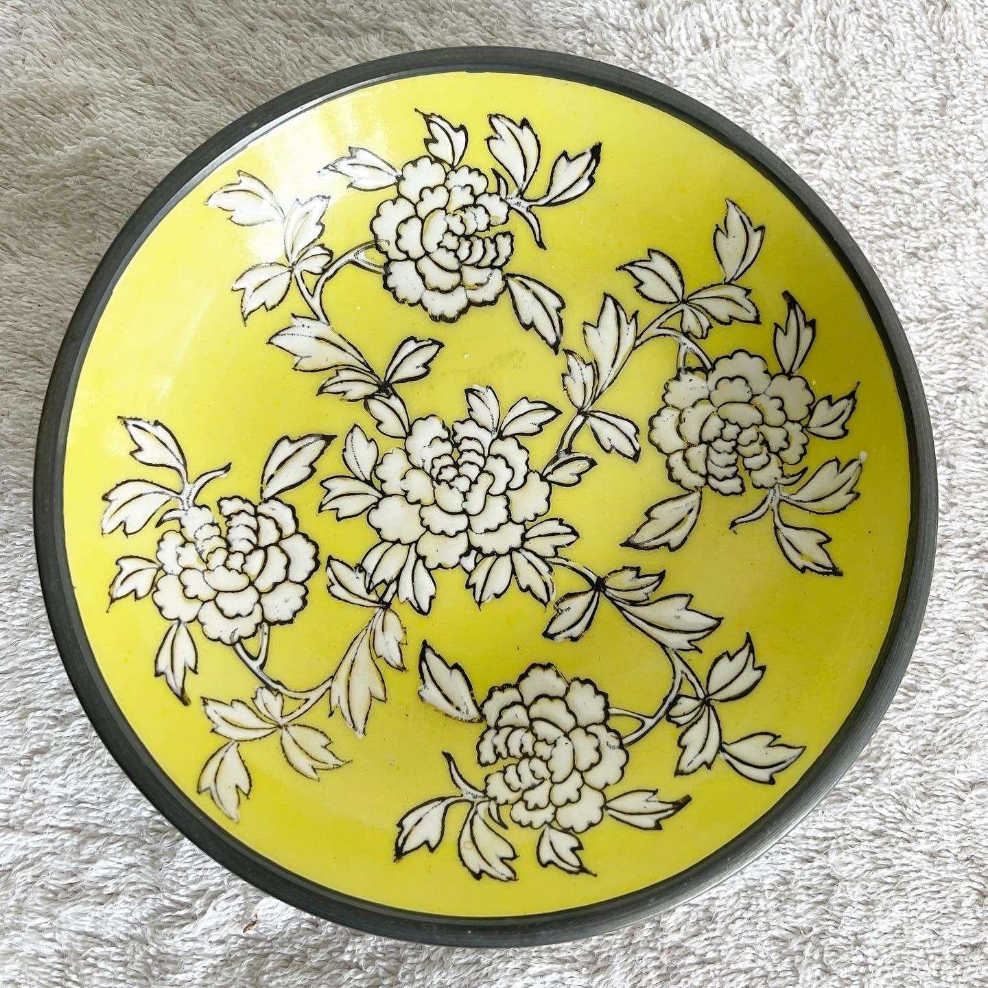 Late 20th Century Chinese Yellow Floral Ginger Jar With Metal and Ceramic Plate - 2 Pieces For Sale