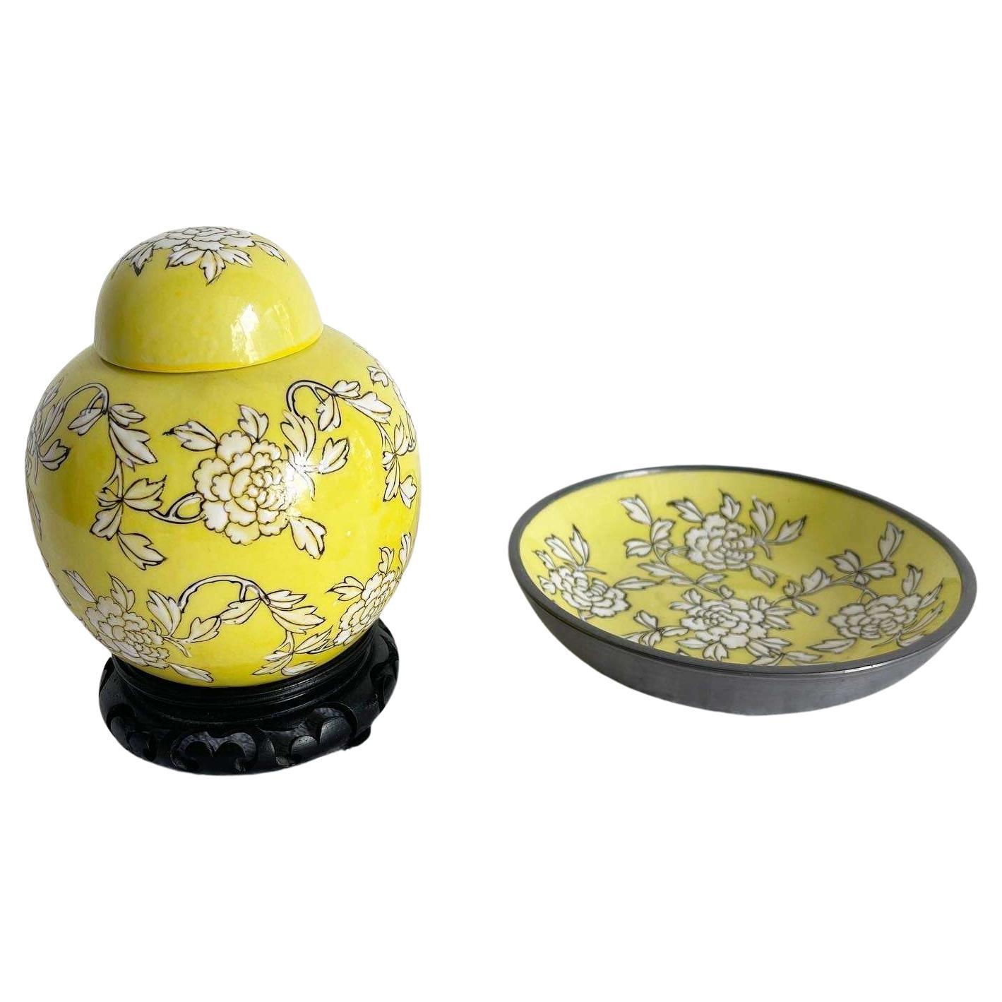 Chinese Yellow Floral Ginger Jar With Metal and Ceramic Plate - 2 Pieces For Sale