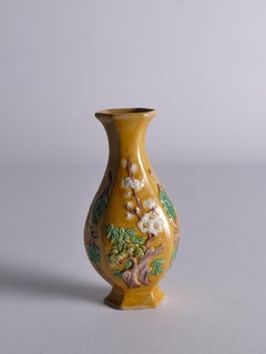 Chinese Yellow Glazed Hexagonal Relief Porcelain Vase with Prunus Motif