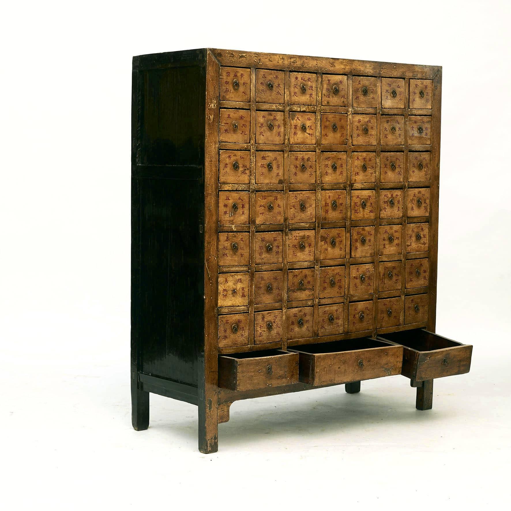 Lacquered Chinese Yellow Lacquer Apothecary Cabinet, 52 Drawers