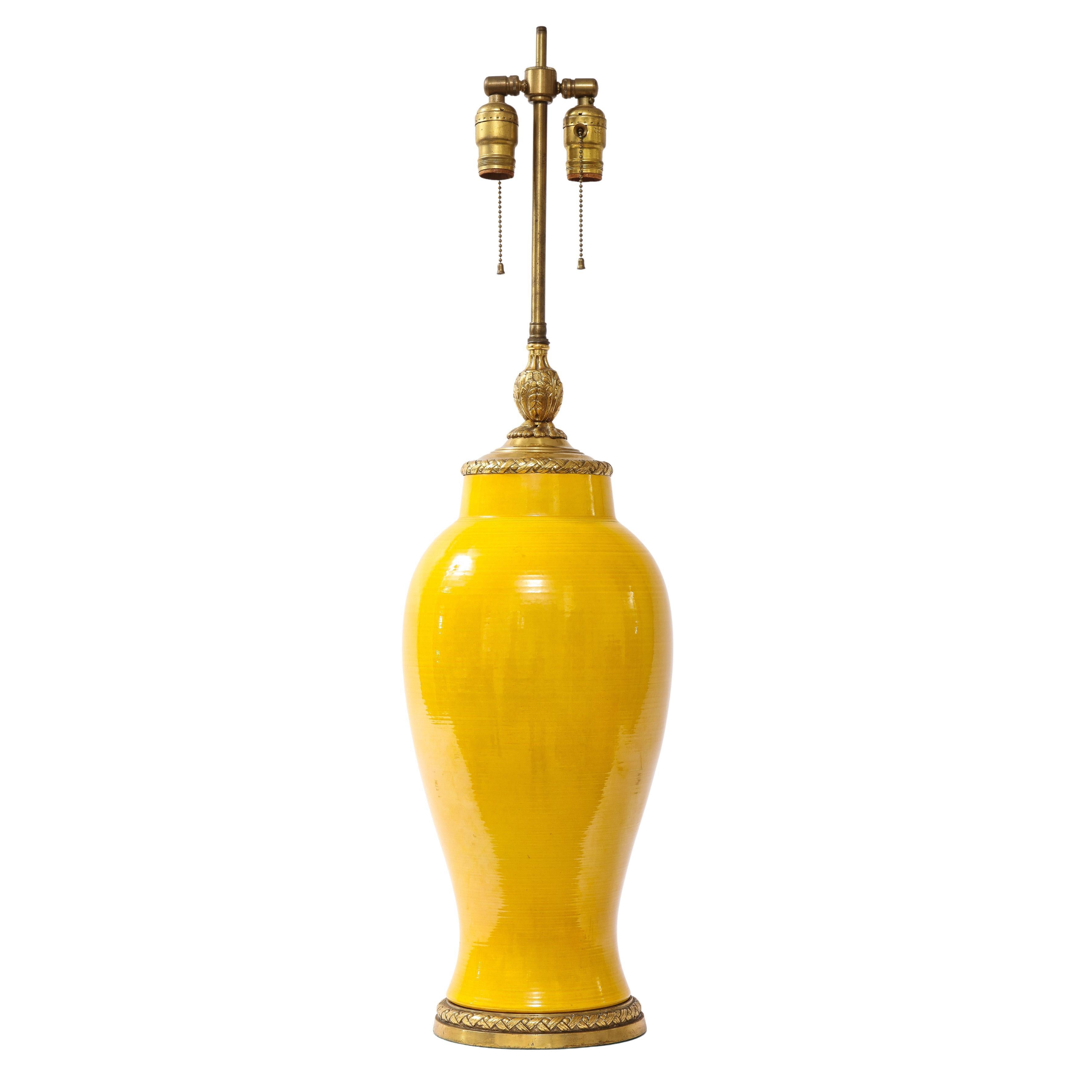 Chinese Yellow Monochromatic Porcelain Ormolu Mounted Lamp, Attb. E. F. Caldwell