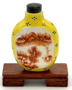 Chinese Yellow Peaking Glass Scenic & Hardstone Snuff Bottle & Stand, Signed