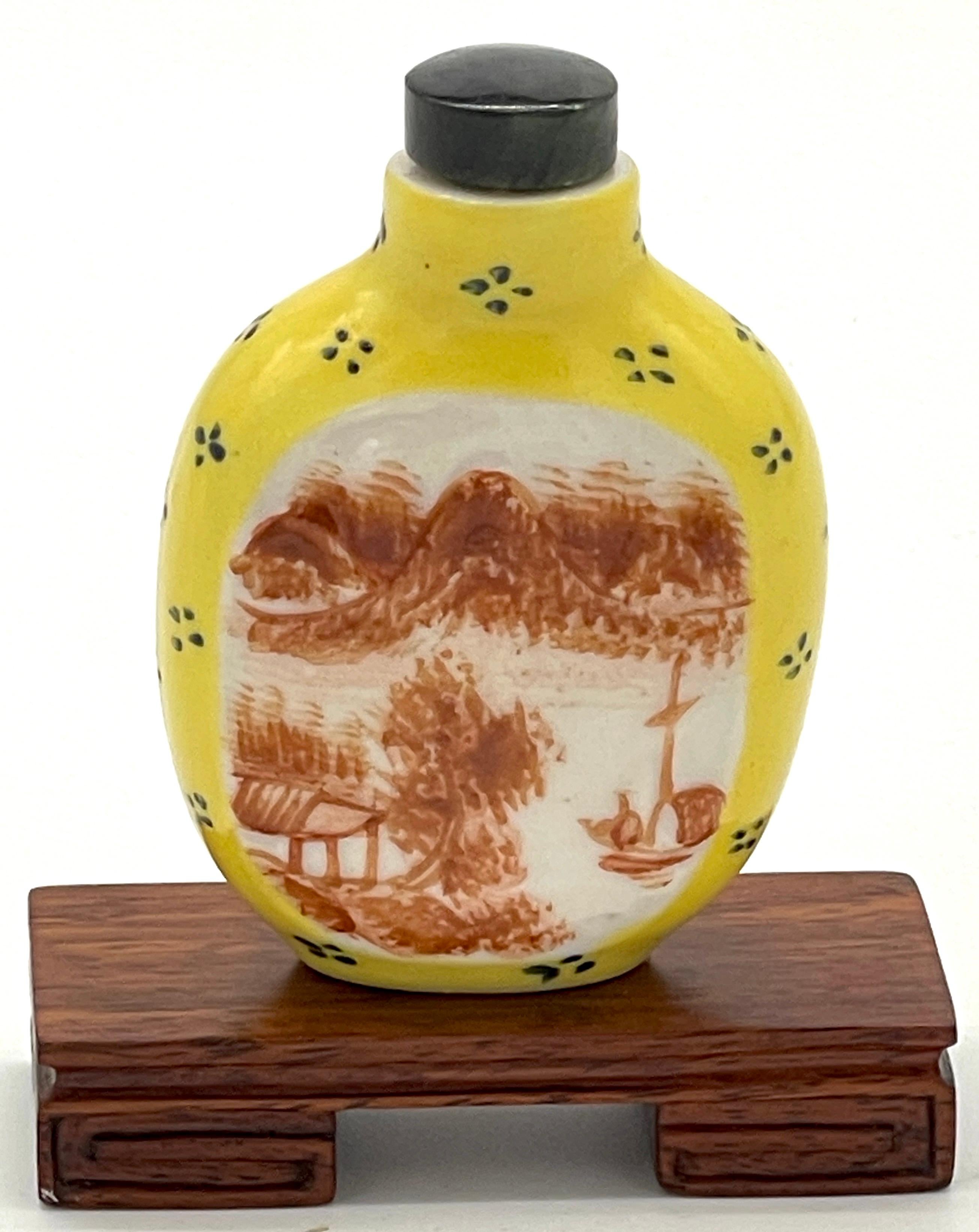 Carved Chinese Yellow Peaking Glass Scenic & Hardstone Snuff Bottle & Stand, Signed  For Sale