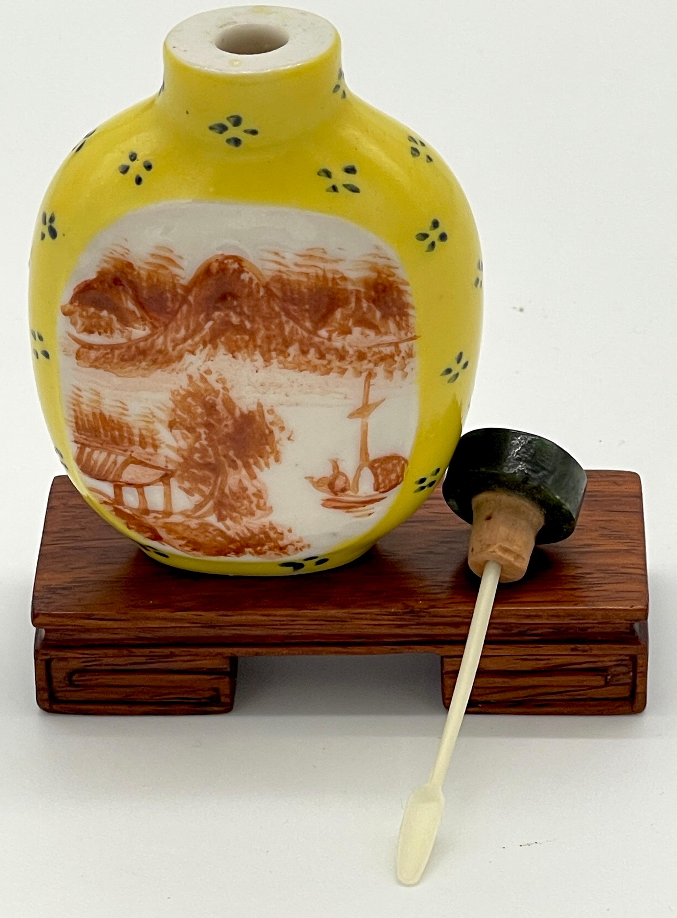 20th Century Chinese Yellow Peaking Glass Scenic & Hardstone Snuff Bottle & Stand, Signed  For Sale