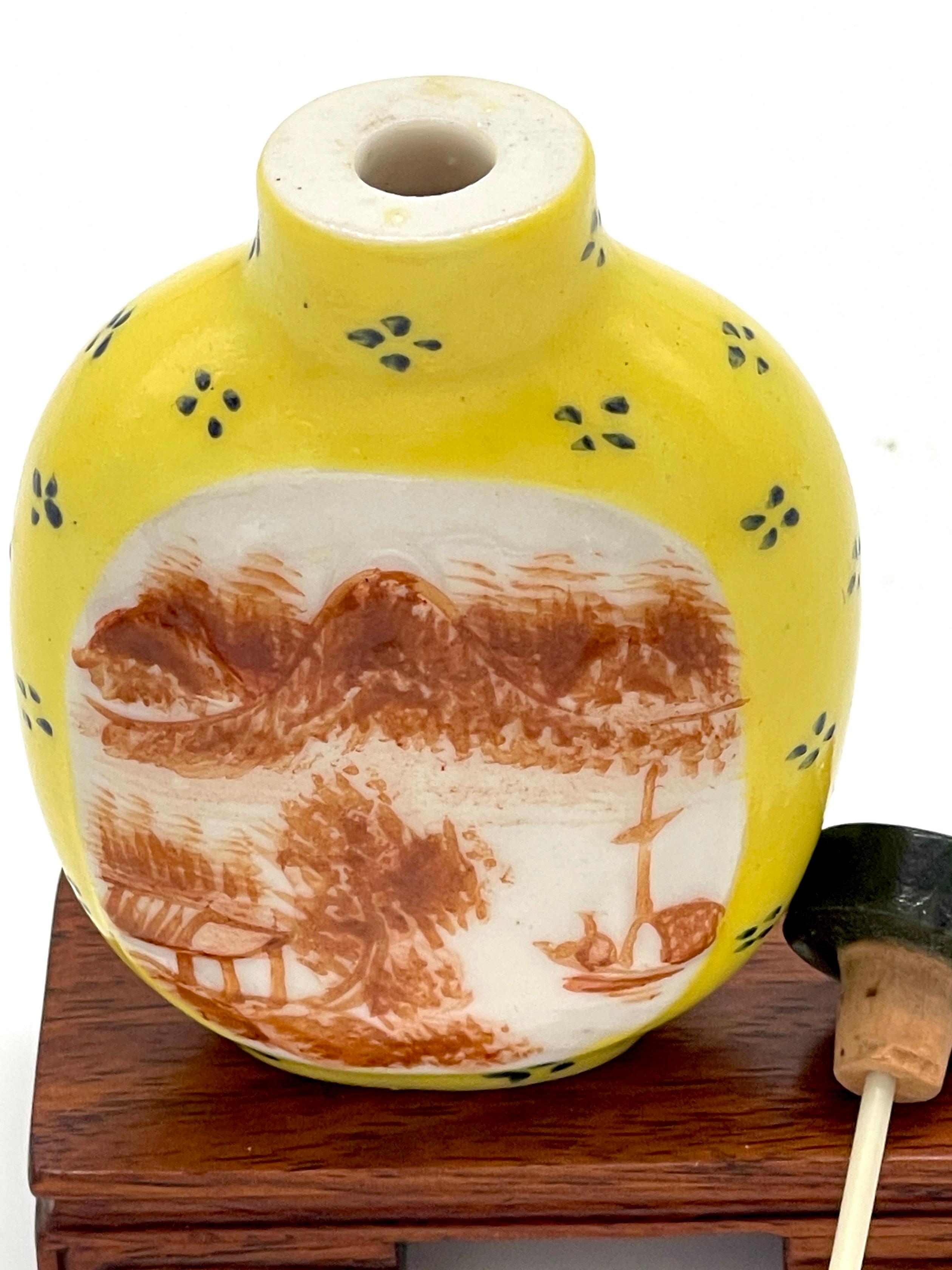 Chinese Yellow Peaking Glass Scenic & Hardstone Snuff Bottle & Stand, Signed  For Sale 1