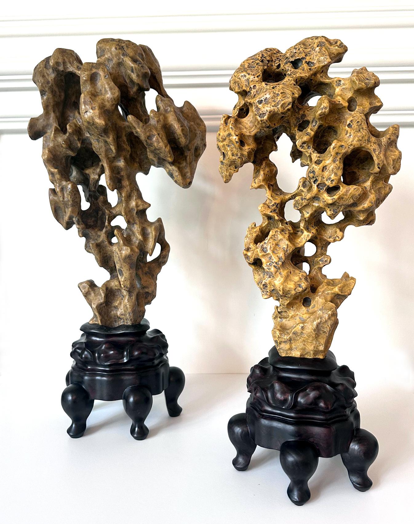 Chinese Yellow Scholar Taihu Stone on Wood Stand For Sale 7