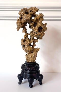 Chinese Yellow Scholar Taihu Stone on Wood Stand