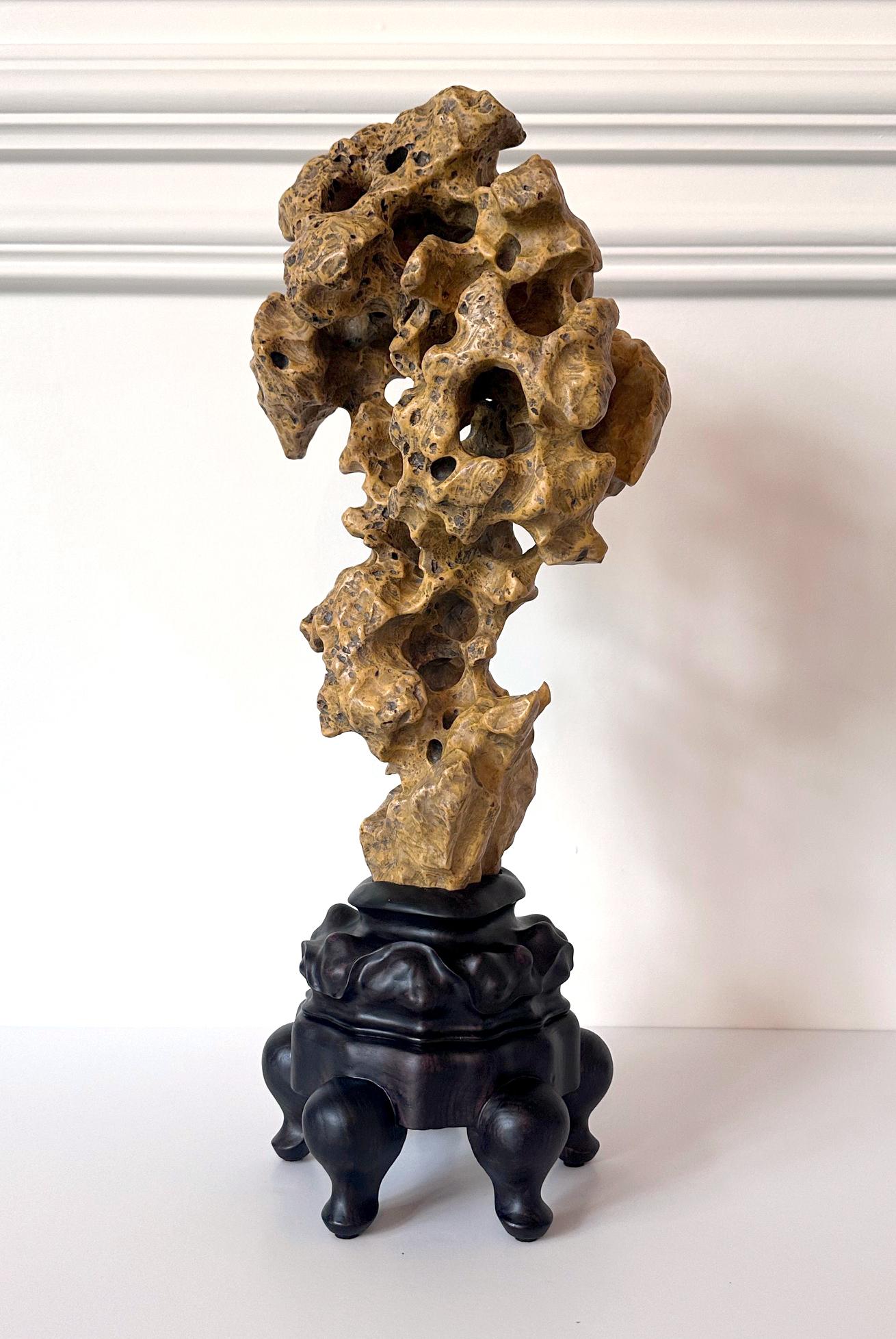 Chinese Export Chinese Yellow Scholar Taihu Stone on Wood Stand For Sale