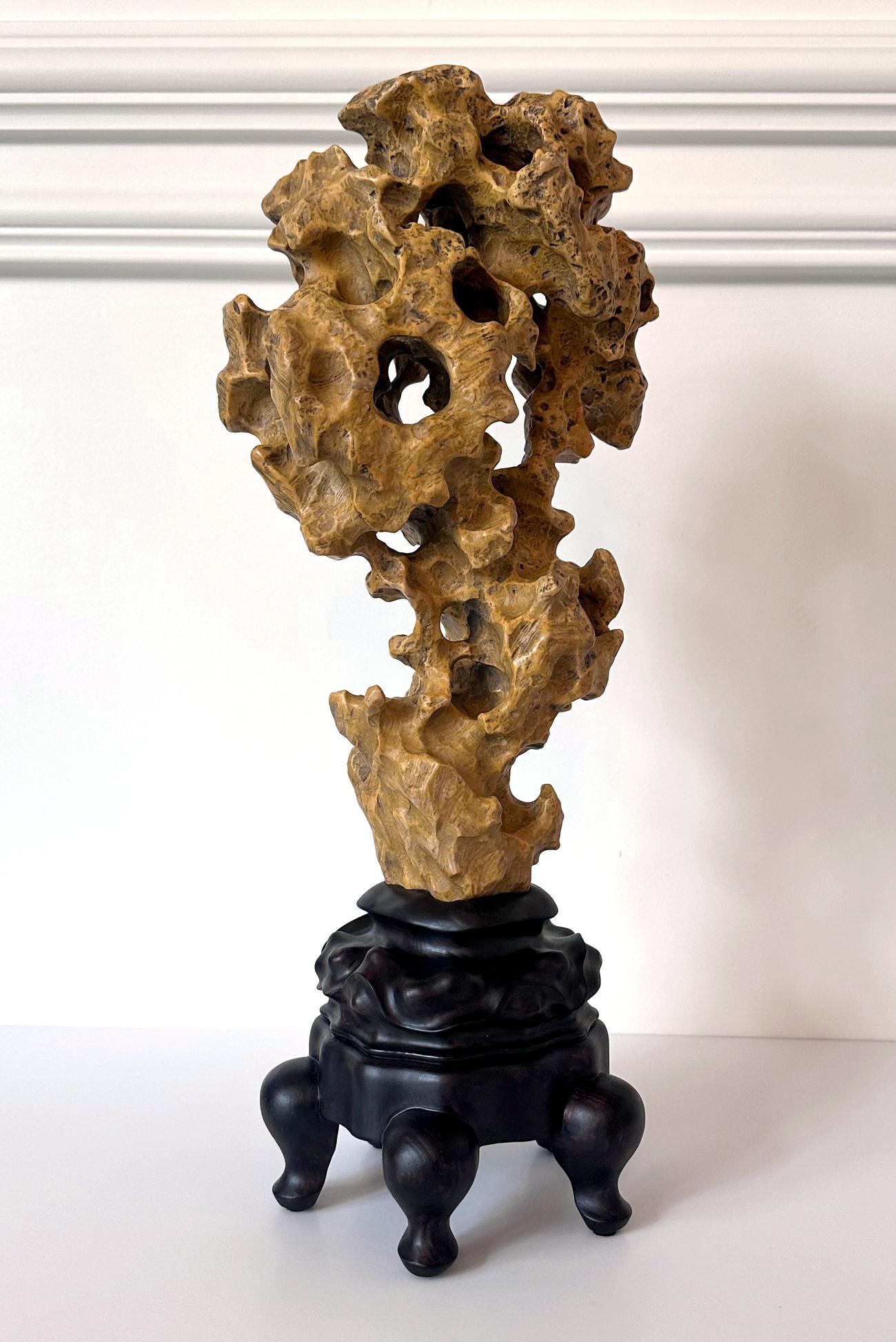 Carved Chinese Yellow Scholar Taihu Stone on Wood Stand For Sale
