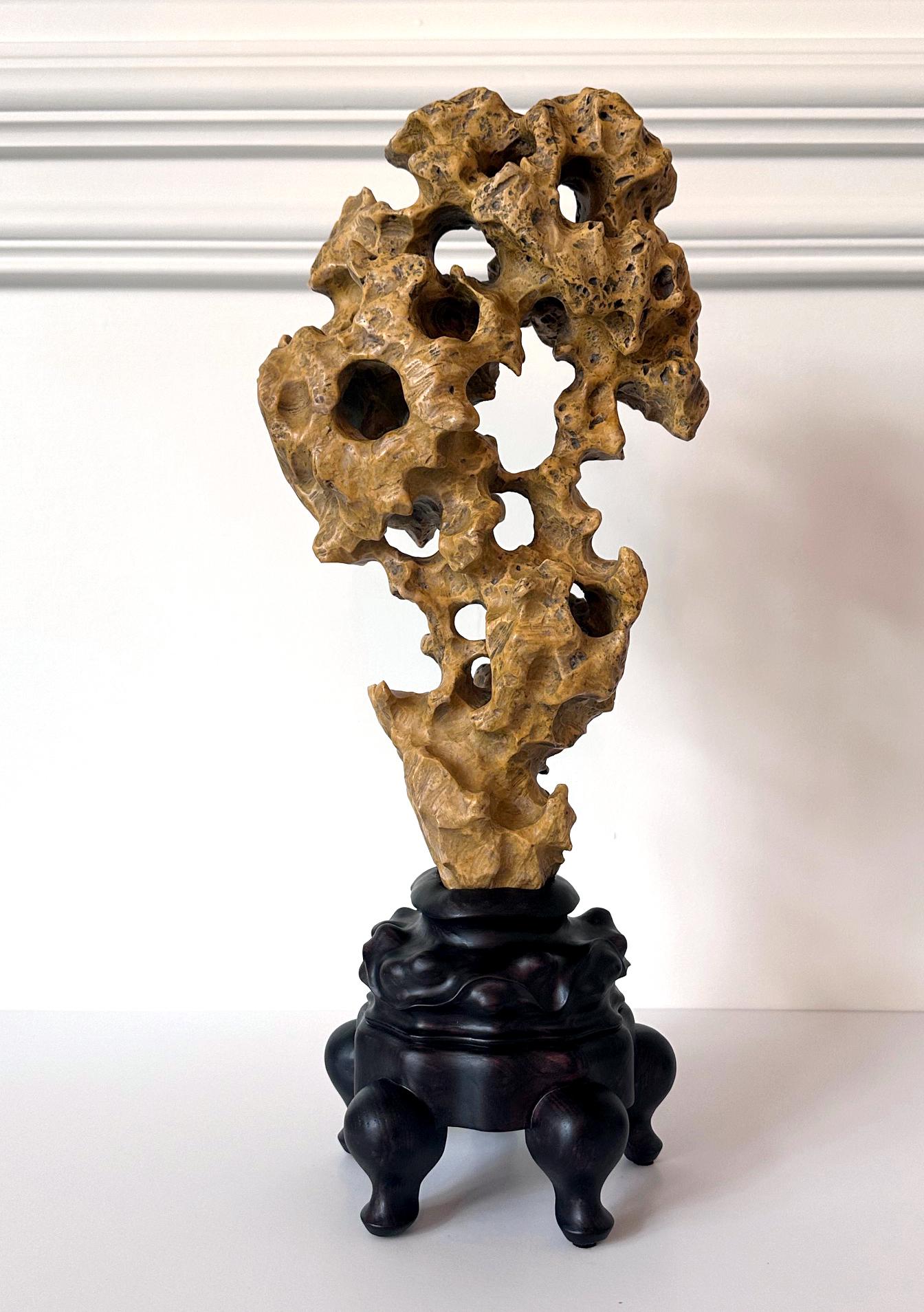Chinese Yellow Scholar Taihu Stone on Wood Stand In Good Condition For Sale In Atlanta, GA