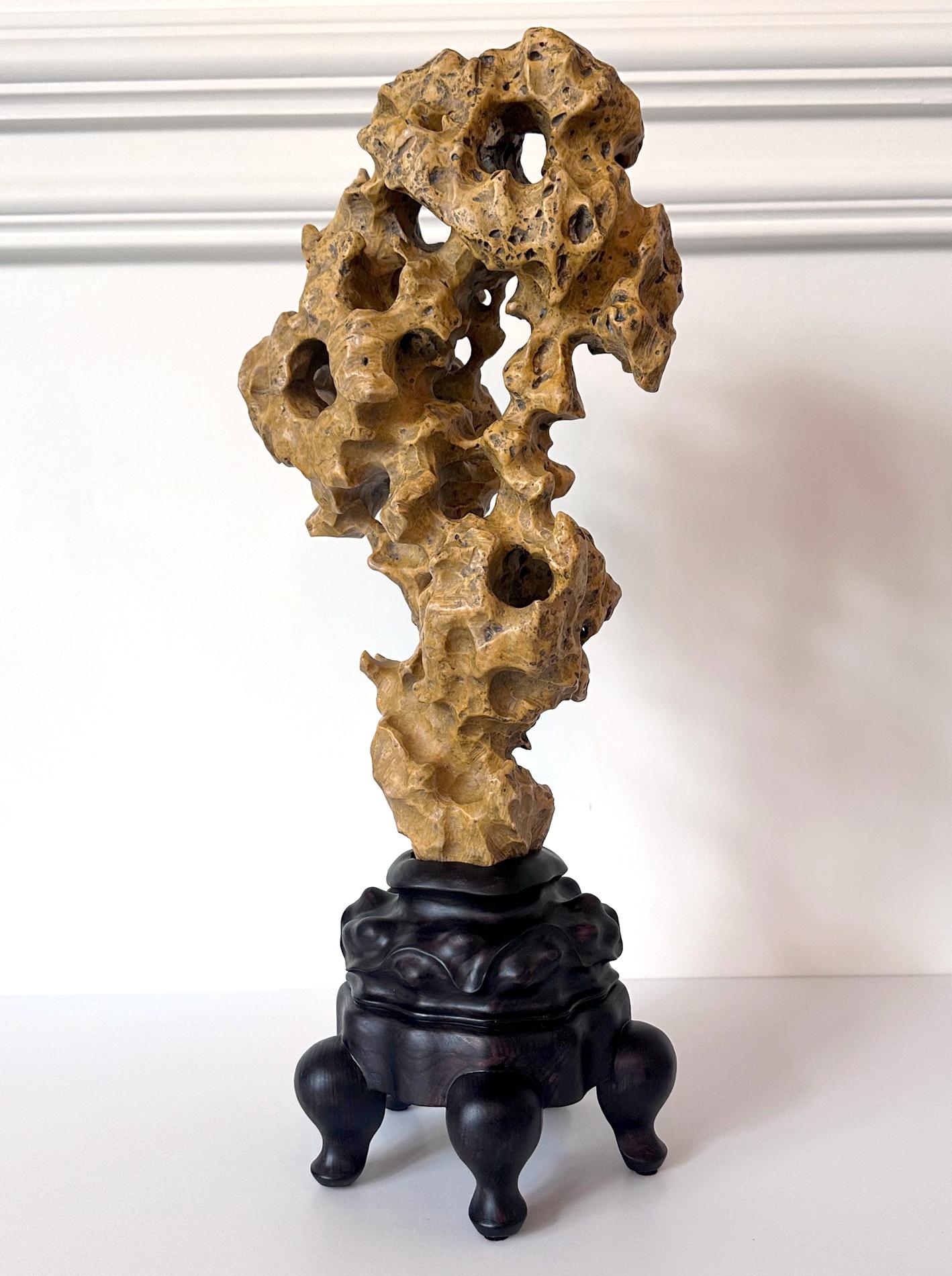 20th Century Chinese Yellow Scholar Taihu Stone on Wood Stand For Sale