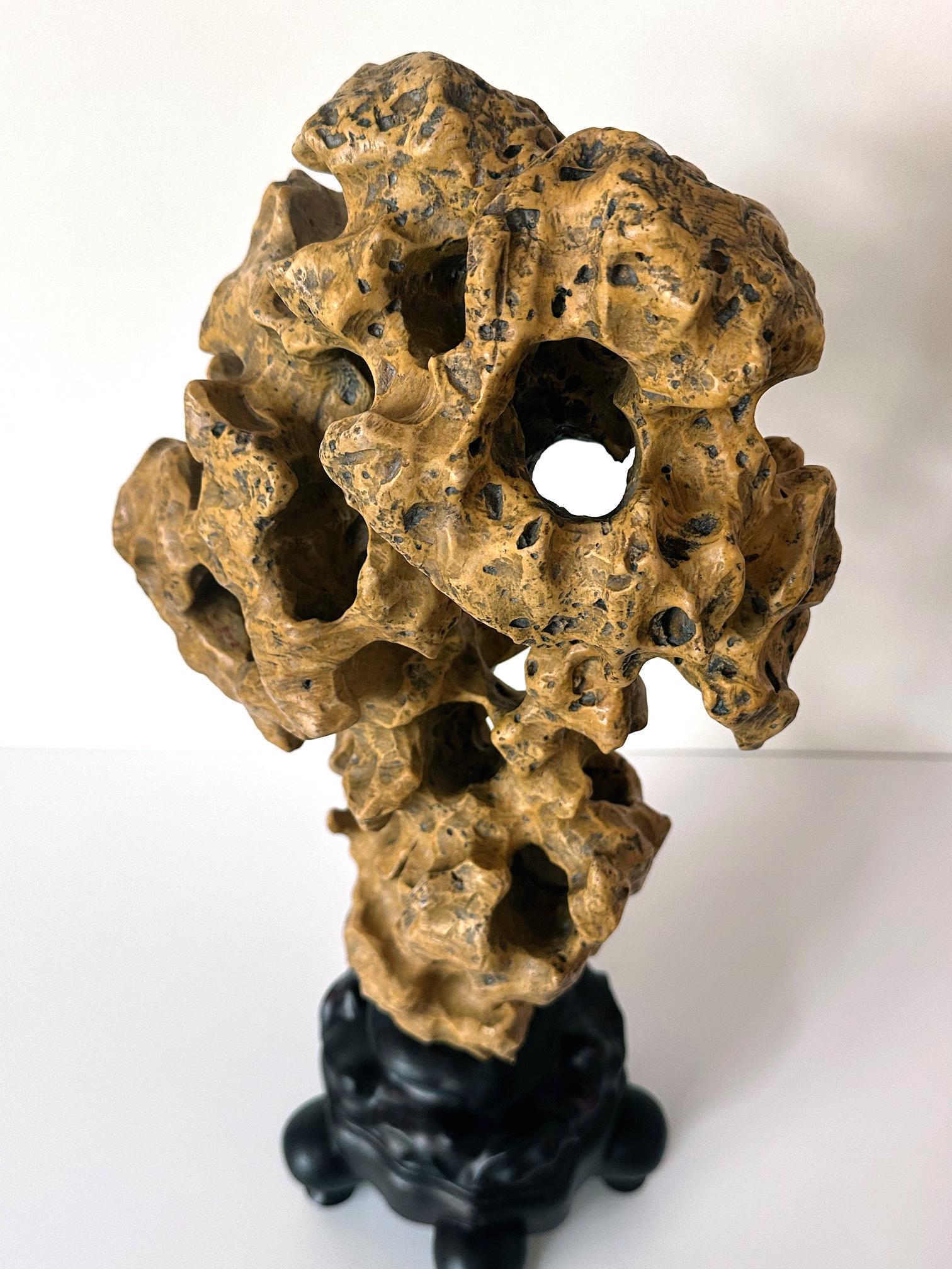 Limestone Chinese Yellow Scholar Taihu Stone on Wood Stand For Sale