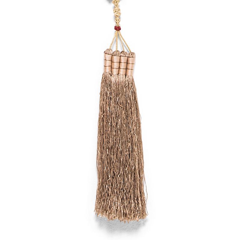 Carved Chinese Yellow Silk Tassel with Interlocking Coins Charm