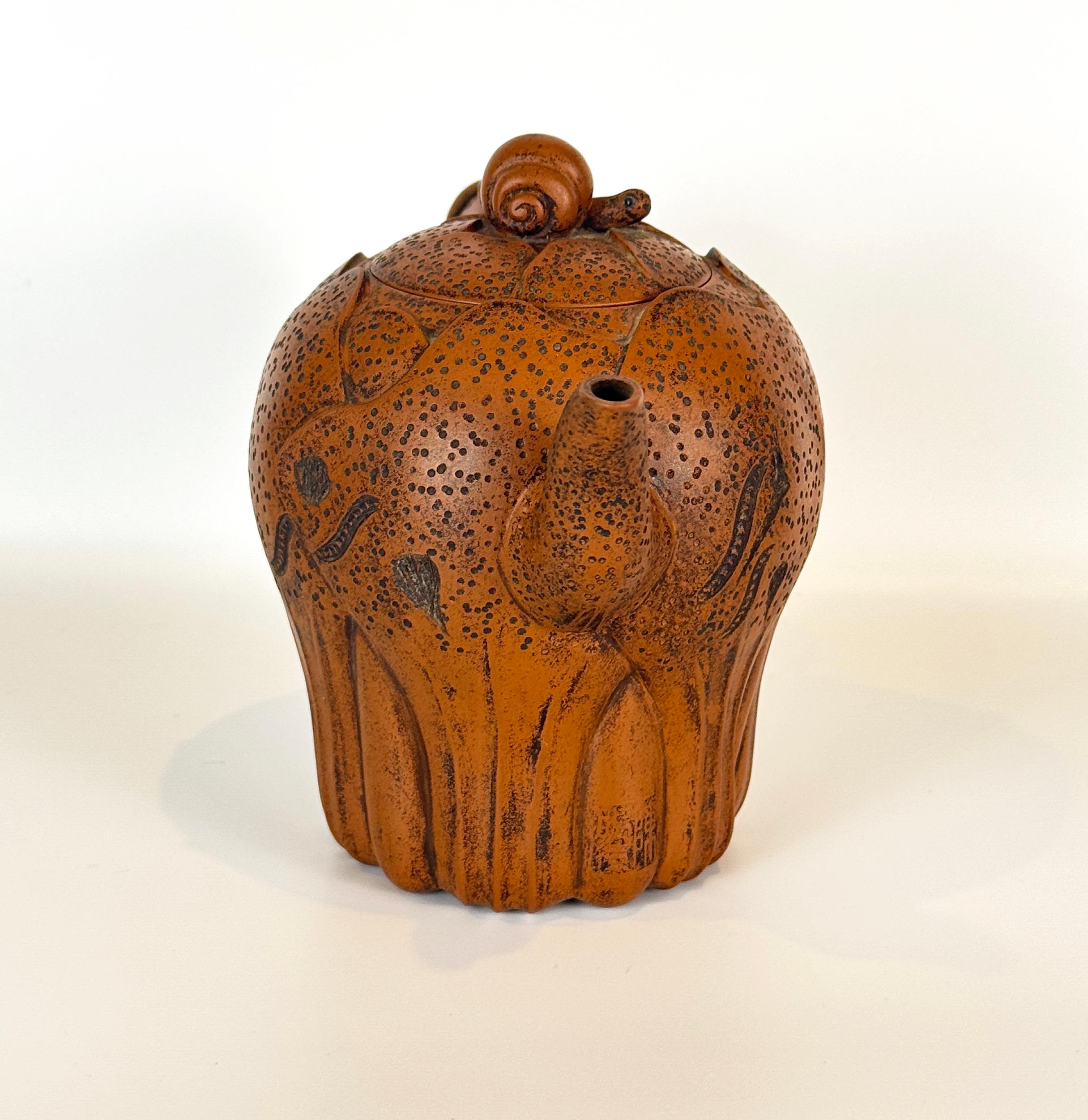 Chinese Yixing Clay Teapot, with Shaped Bok Choy Leaf Body & Snail Finial In Good Condition For Sale In Philadelphia, PA