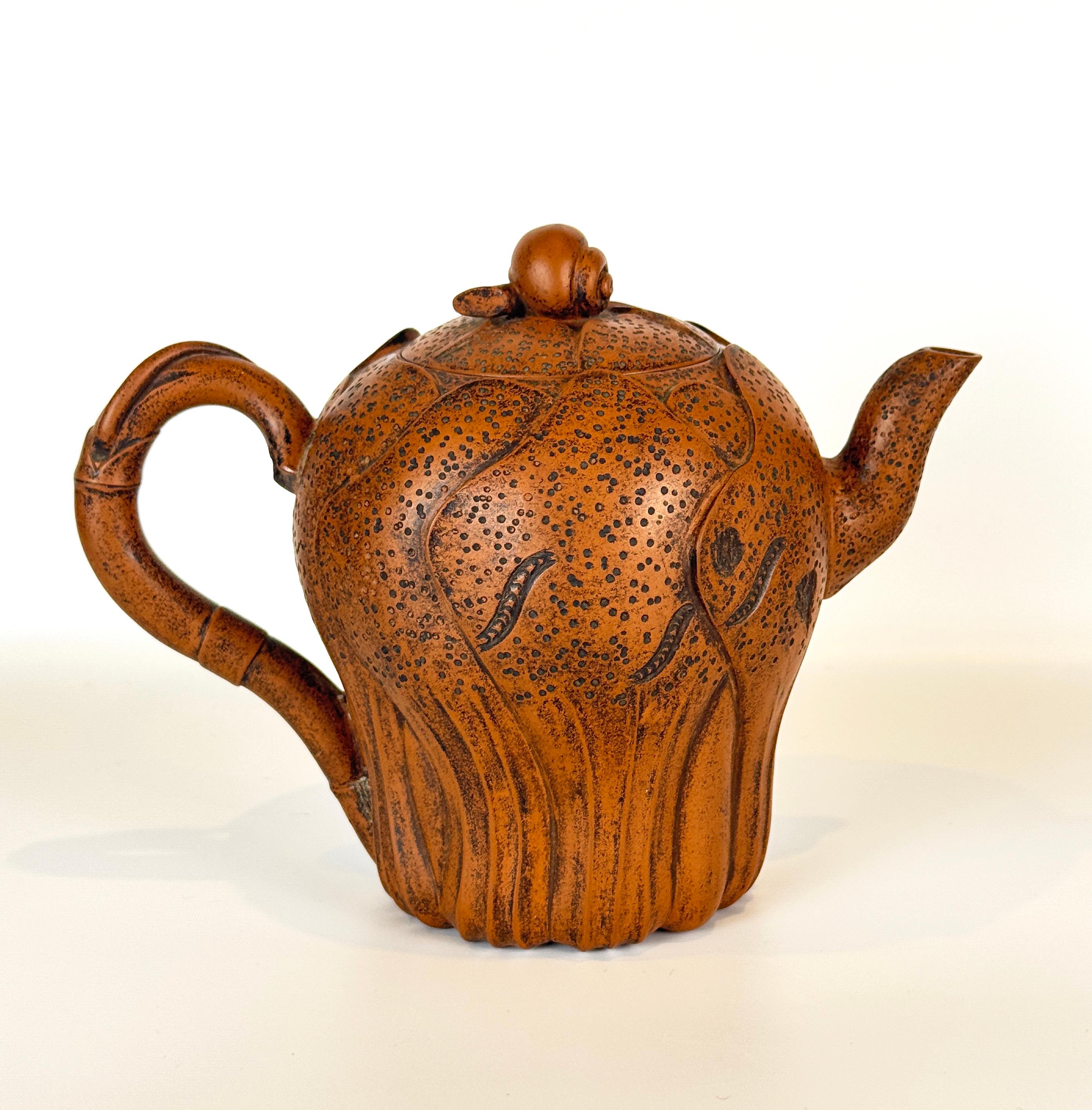 Chinese Yixing Clay Teapot, with Shaped Bok Choy Leaf Body & Snail Finial For Sale 2