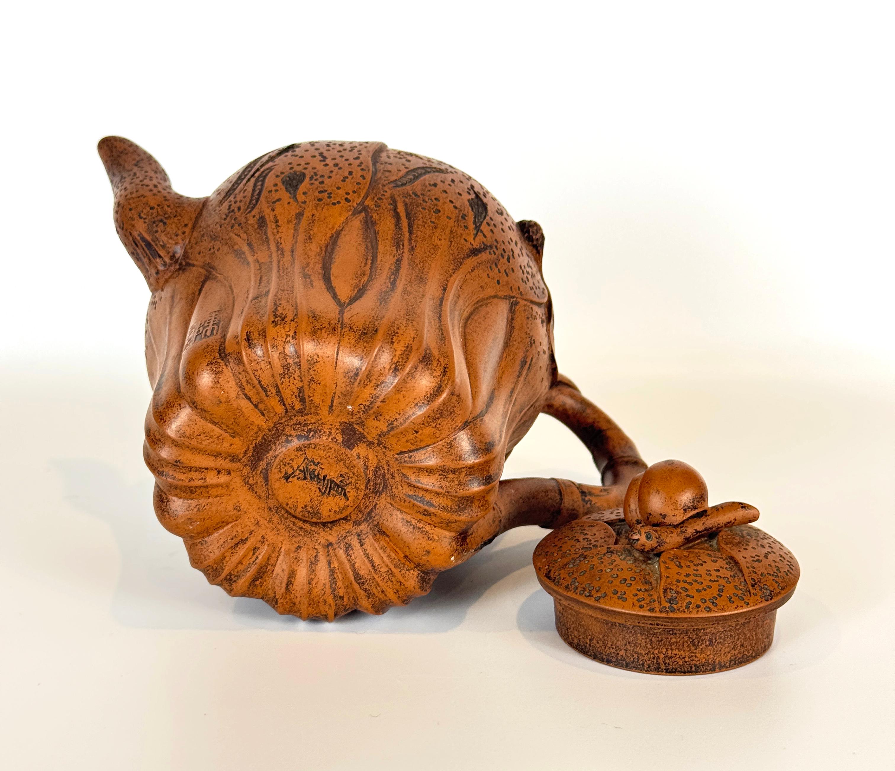Chinese Yixing Clay Teapot, with Shaped Bok Choy Leaf Body & Snail Finial For Sale 4