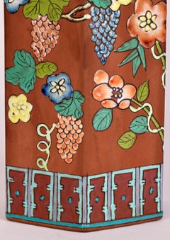 Chinese Yixing Hexagonal Vase with Painted Floral & Vine Designs