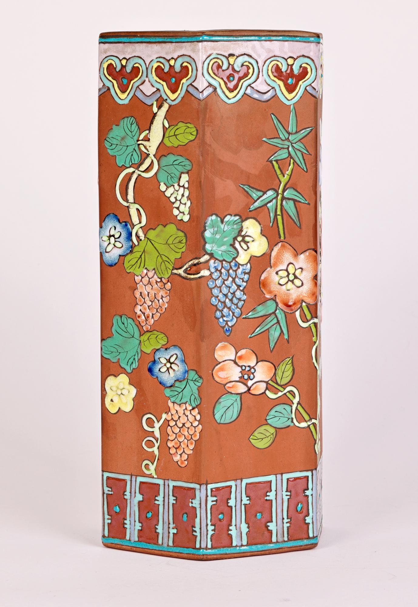 Chinese Export Chinese Yixing Hexagonal Vase with Painted Floral & Vine Designs For Sale