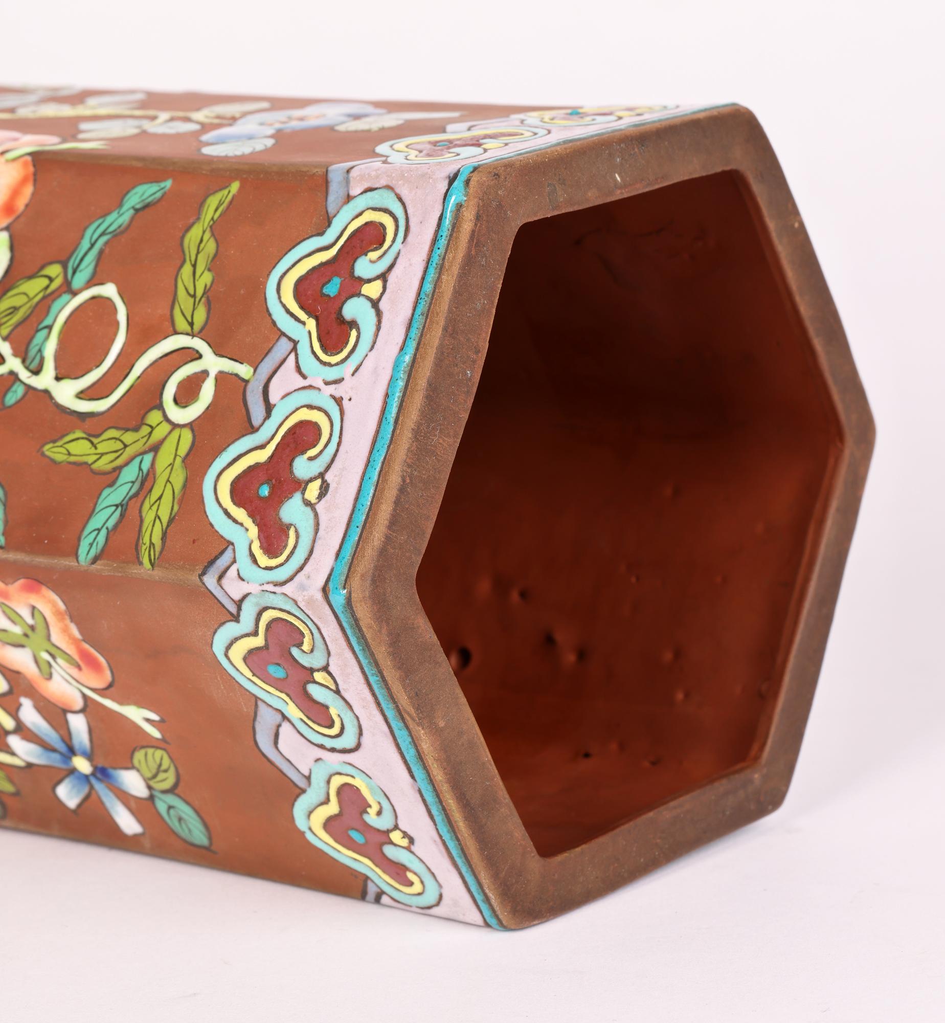 20th Century Chinese Yixing Hexagonal Vase with Painted Floral & Vine Designs For Sale