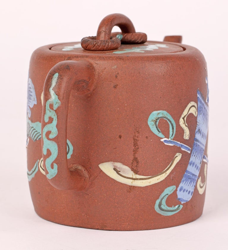 Chinese Yixing Teapot with Painted Enamel Designs Signed For Sale at