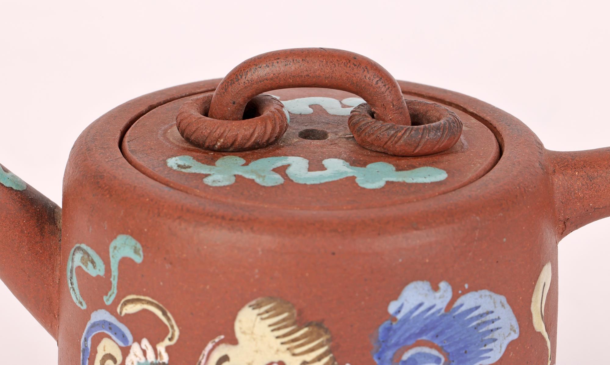 18th Century and Earlier Chinese Yixing Teapot with Painted Enamel Designs Signed