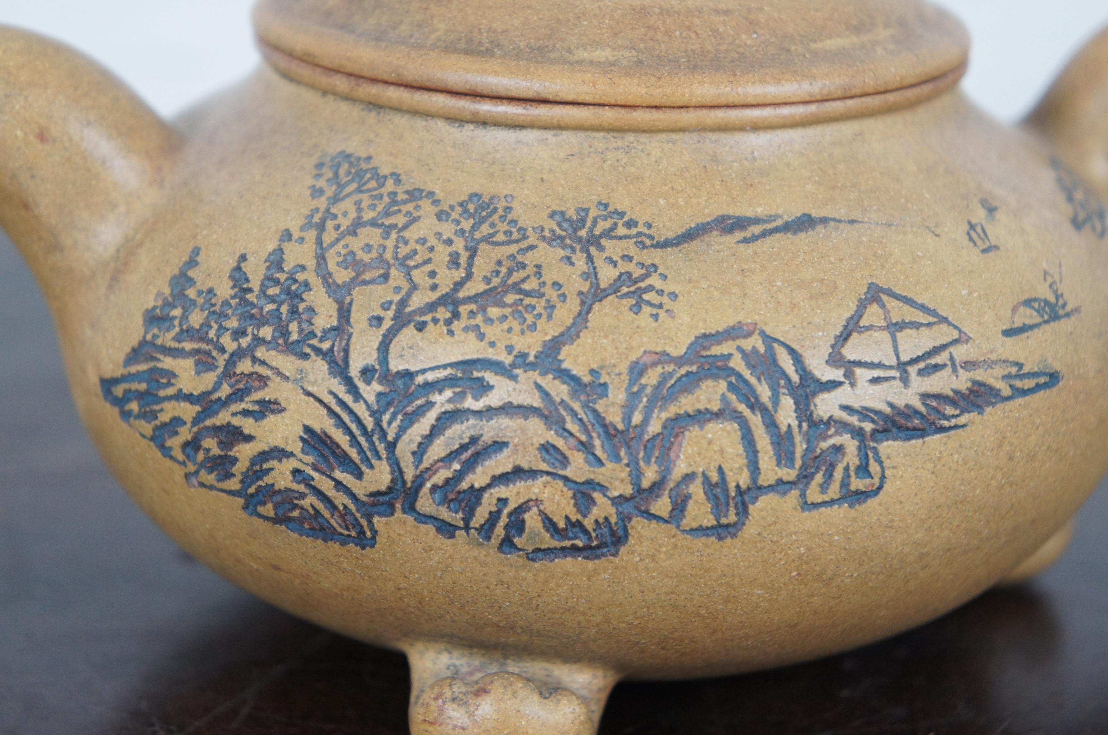 Chinoiserie Chinese Yixing Zisha Marked Clay Teapot Gecko Lizard Landscape Footed Figural