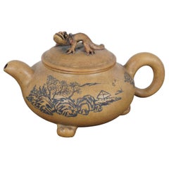 Vintage Chinese Yixing Zisha Marked Clay Teapot Gecko Lizard Landscape Footed Figural