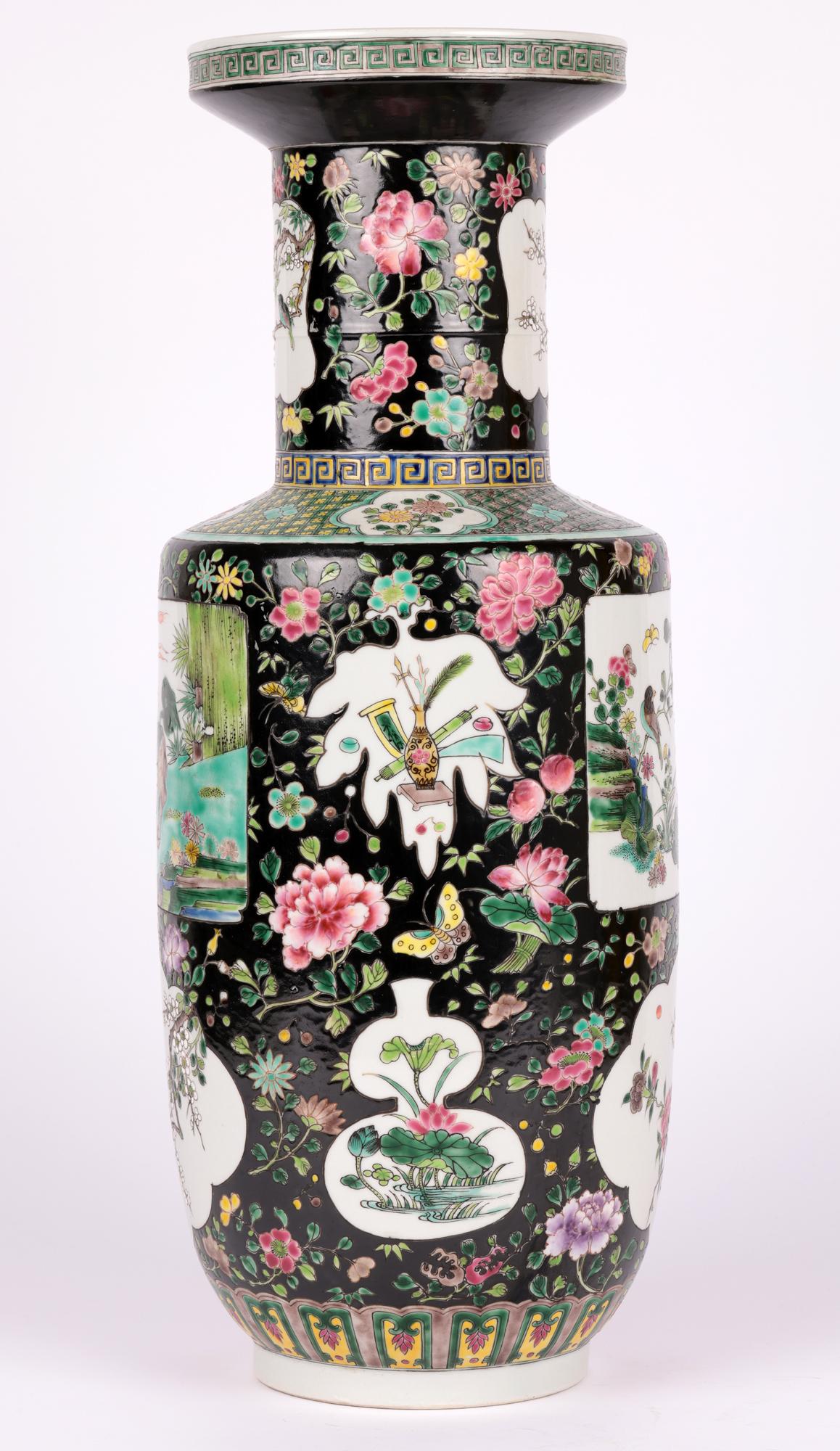 Chinese Yongzheng Mark Large Famille Noir Rouleau Porcelain Vase For Sale 9