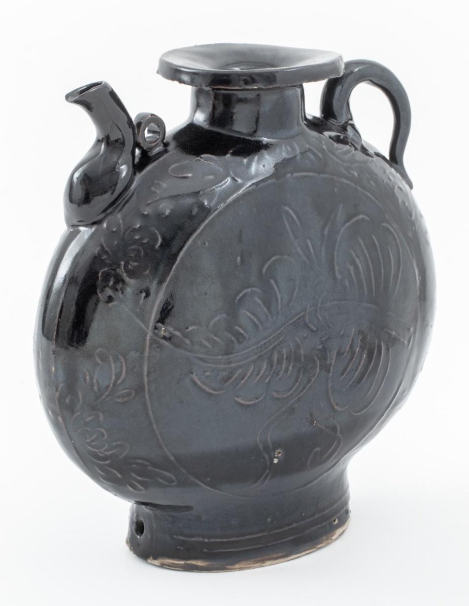 Archaistic Chinese Yuan Cizhou Black Glazed Moon Ewer