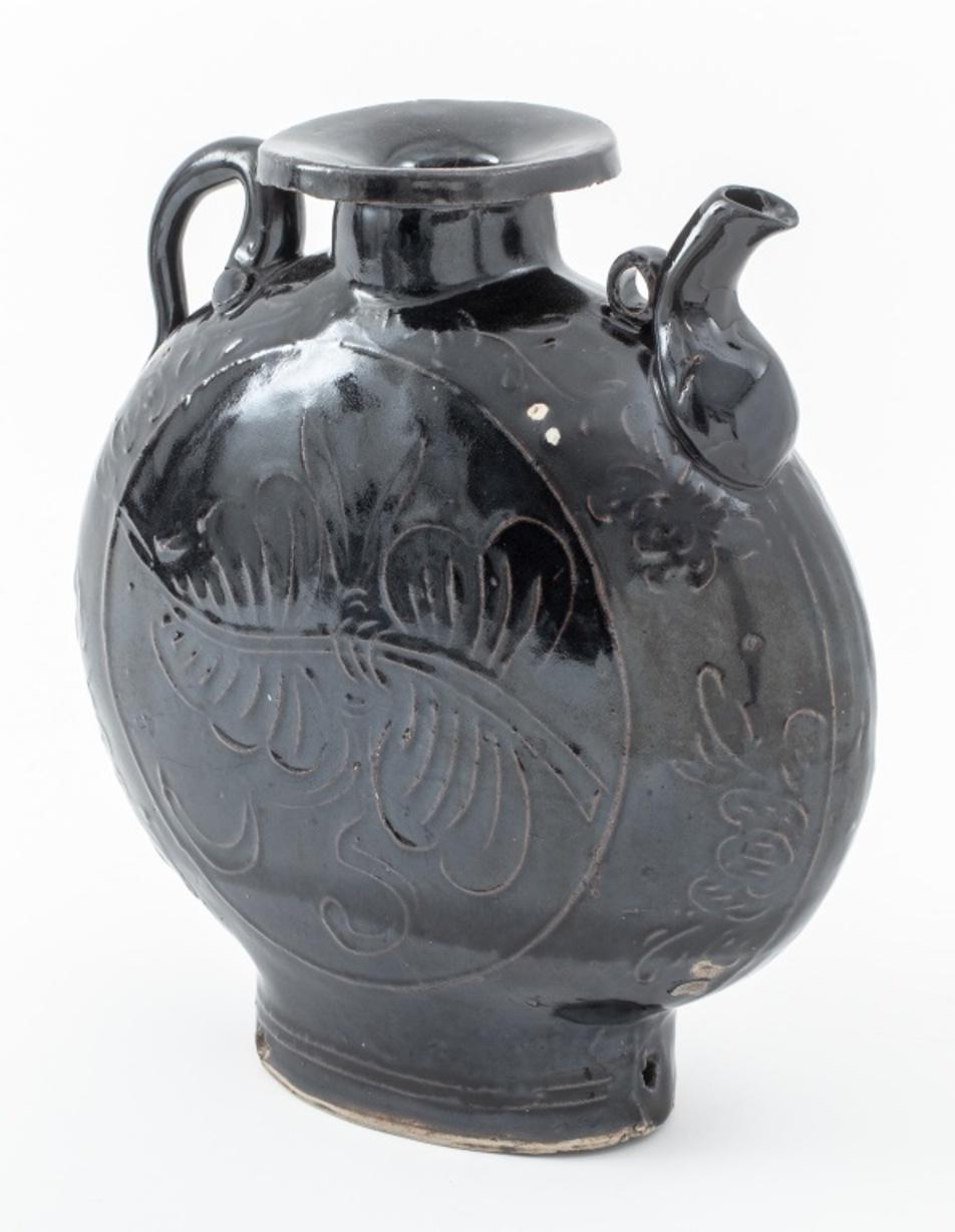 18th Century and Earlier Chinese Yuan Cizhou Black Glazed Moon Ewer