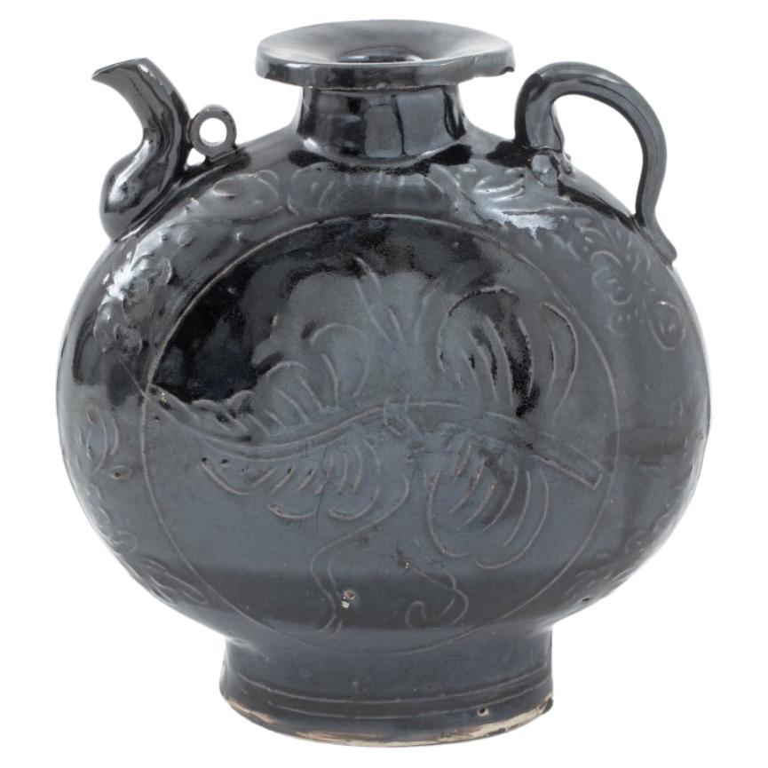 Chinese Yuan Cizhou Black Glazed Moon Ewer