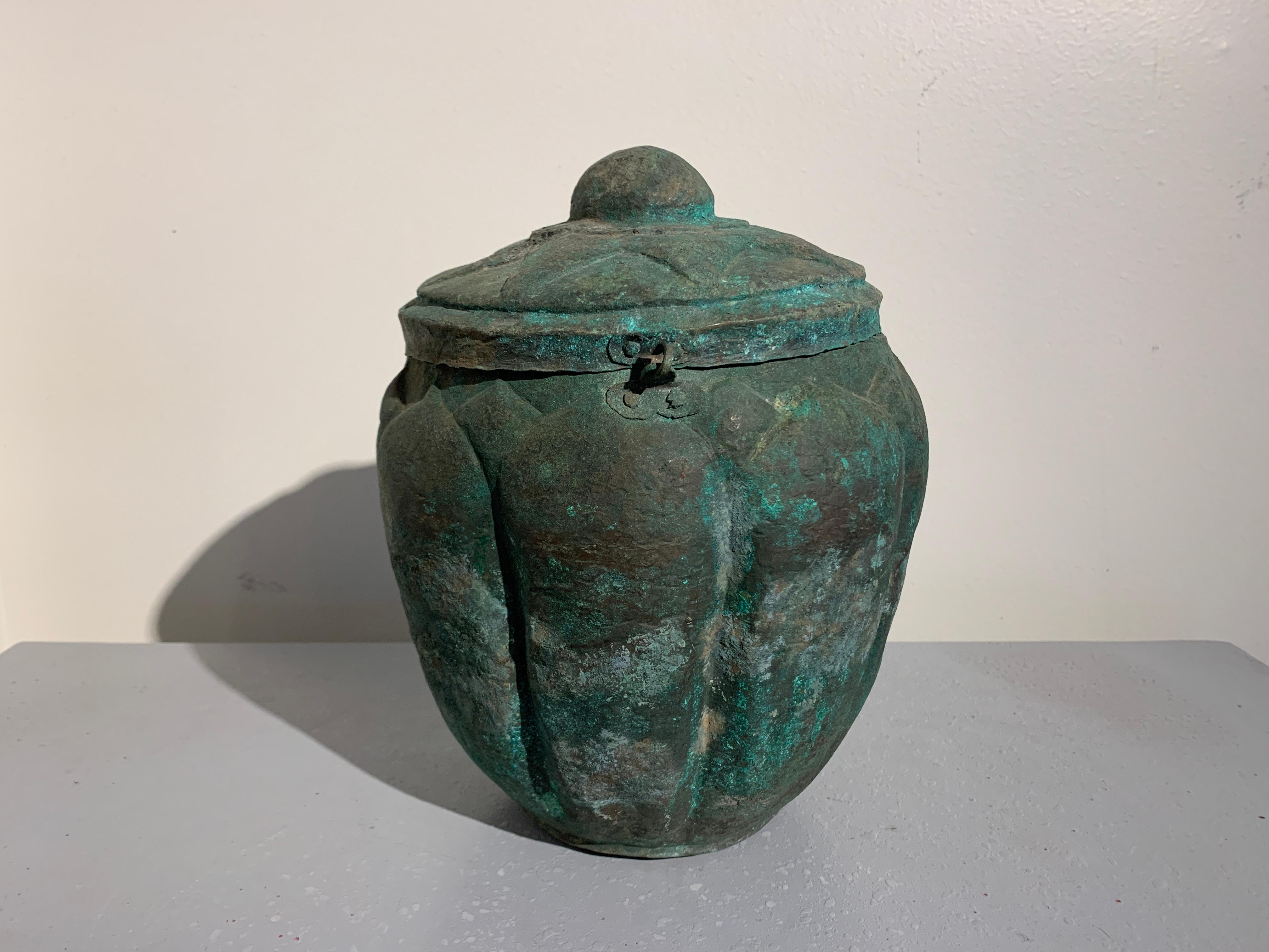 Repoussé Chinese Yuan Dynasty Bronze Lotus Jar, 14th Century, China