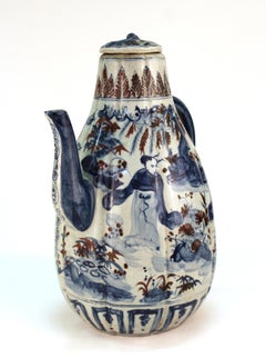 Chinese Yuan Dynasty Style Underglaze Blue & Iron Oxide Red Porcelain Wine Ewer