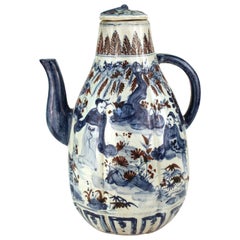 Vintage Chinese Yuan Dynasty Style Underglaze Blue & Iron Oxide Red Porcelain Wine Ewer