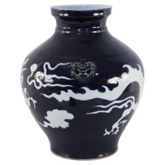 Vintage Chinese Yuan-Style Dark Blue and White Dragon Porcelain Pot