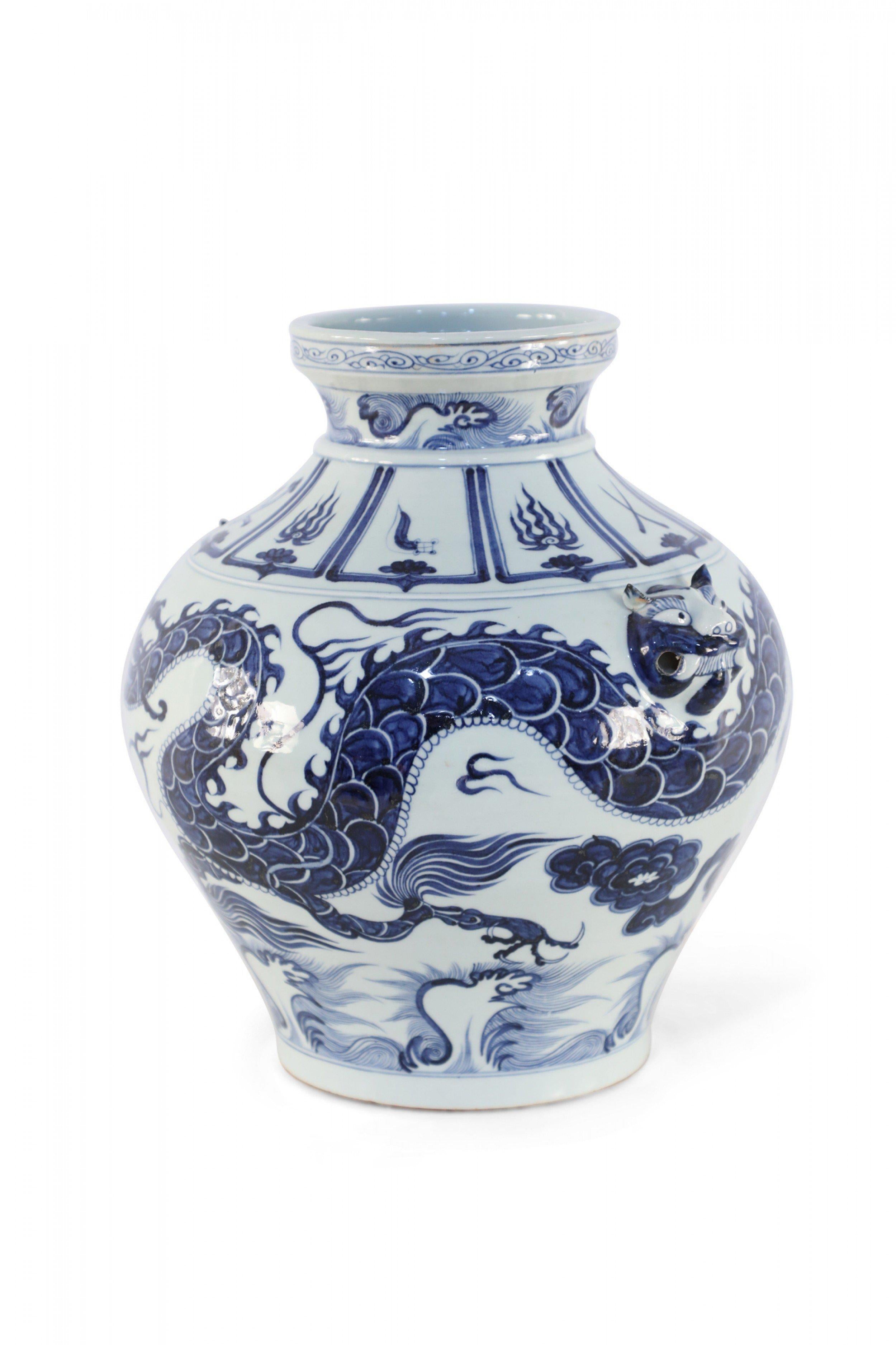 20th Century Chinese Yuan Style White and Blue Dragon Motif Porcelain Pot For Sale