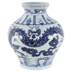Vintage Chinese Yuan Style White and Blue Dragon Motif Porcelain Pot