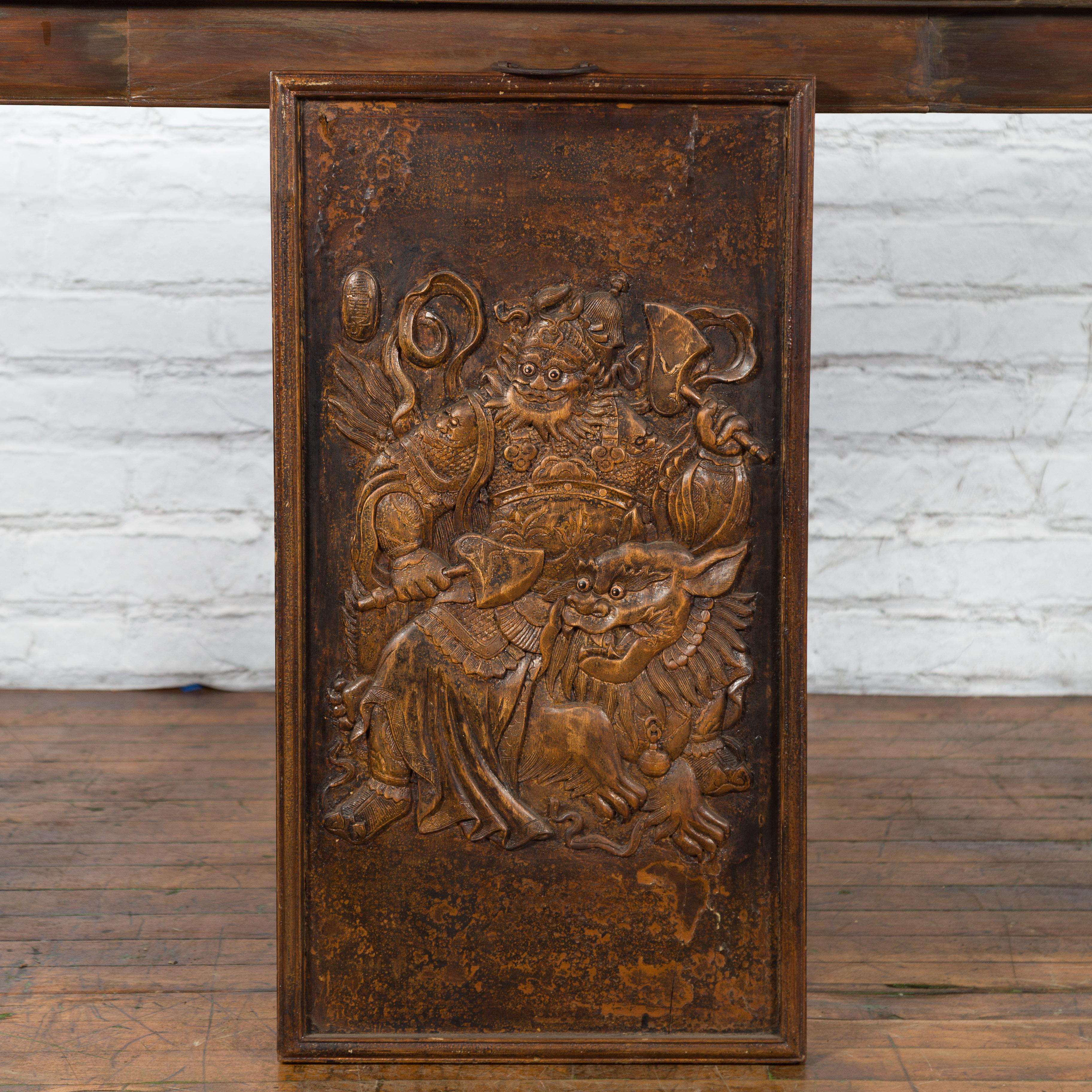 Carved Chinese Zhejiang Vintage Low-Relief Wall Plaque Depicting a Celestial Guardian For Sale