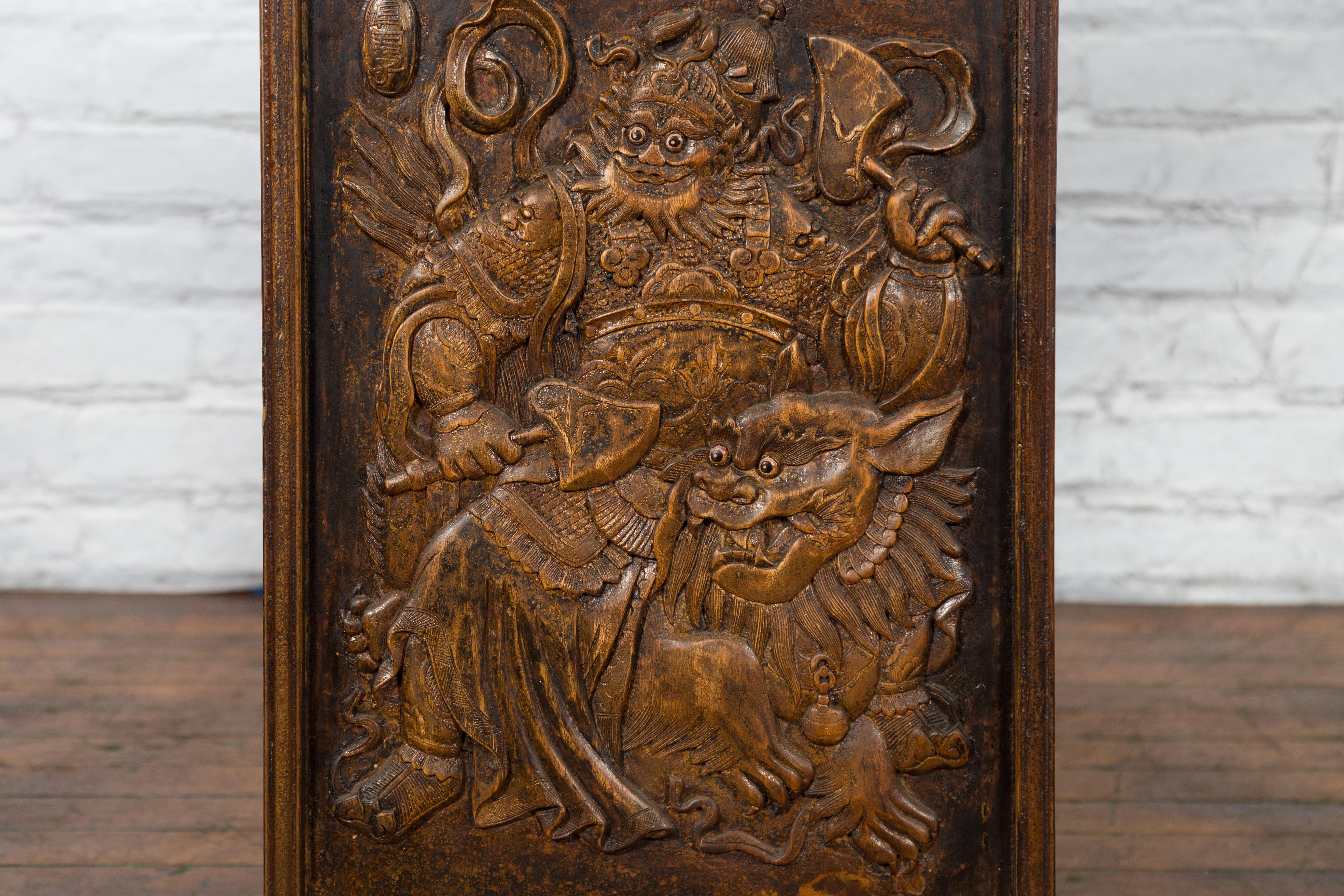 20th Century Chinese Zhejiang Vintage Low-Relief Wall Plaque Depicting a Celestial Guardian For Sale