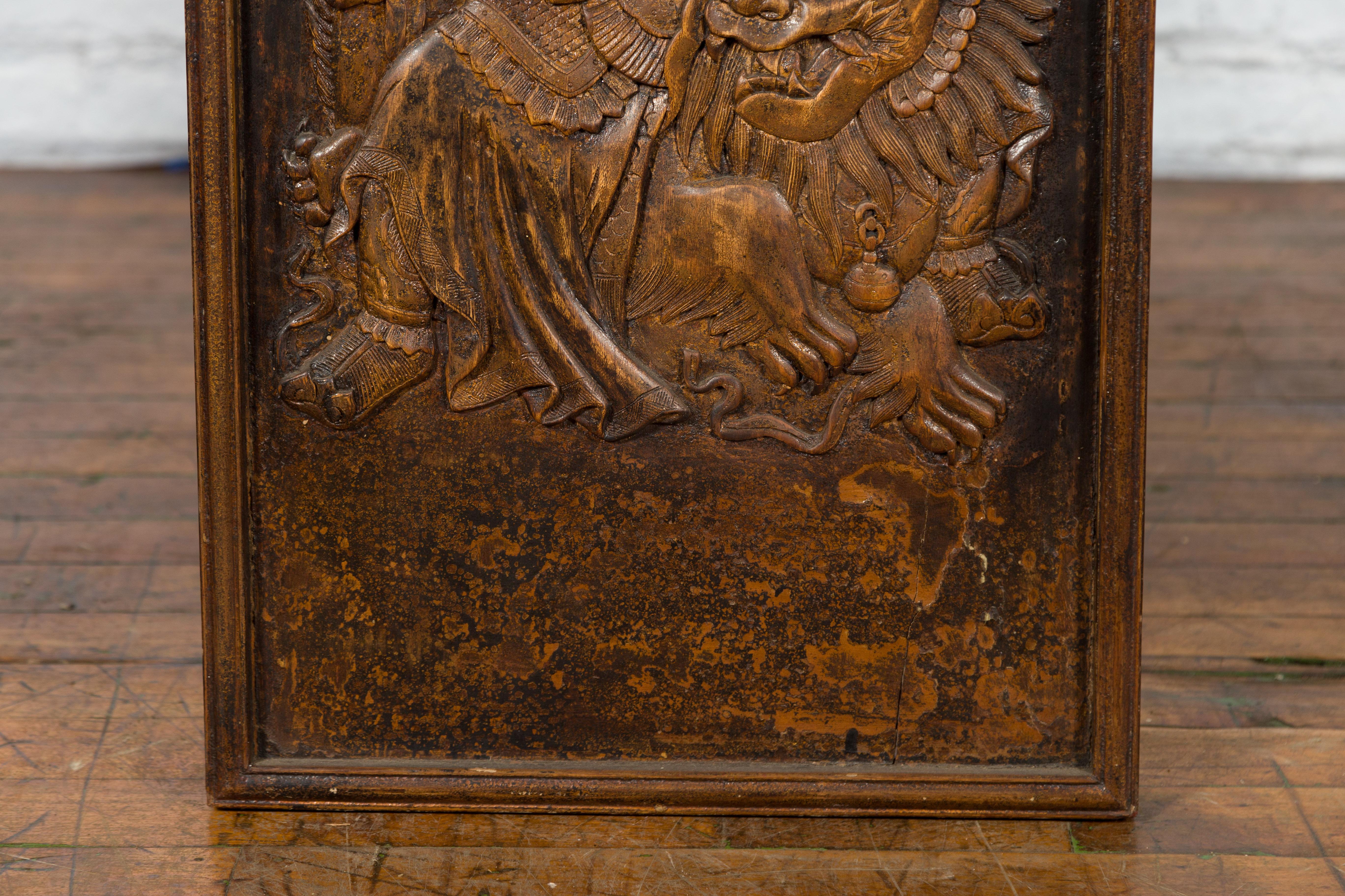 Wood Chinese Zhejiang Vintage Low-Relief Wall Plaque Depicting a Celestial Guardian For Sale
