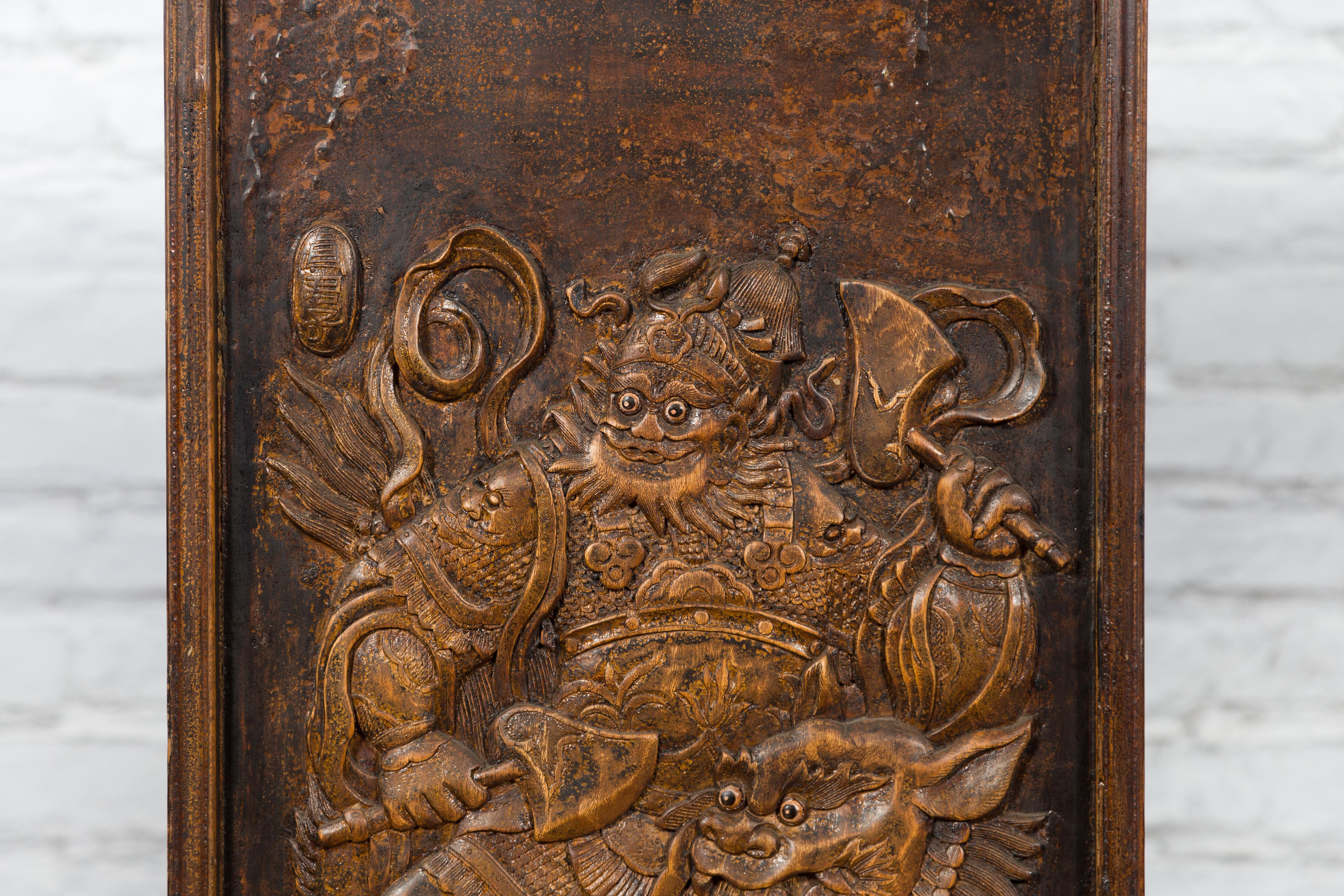 Chinese Zhejiang Vintage Low-Relief Wall Plaque Depicting a Celestial Guardian For Sale 1