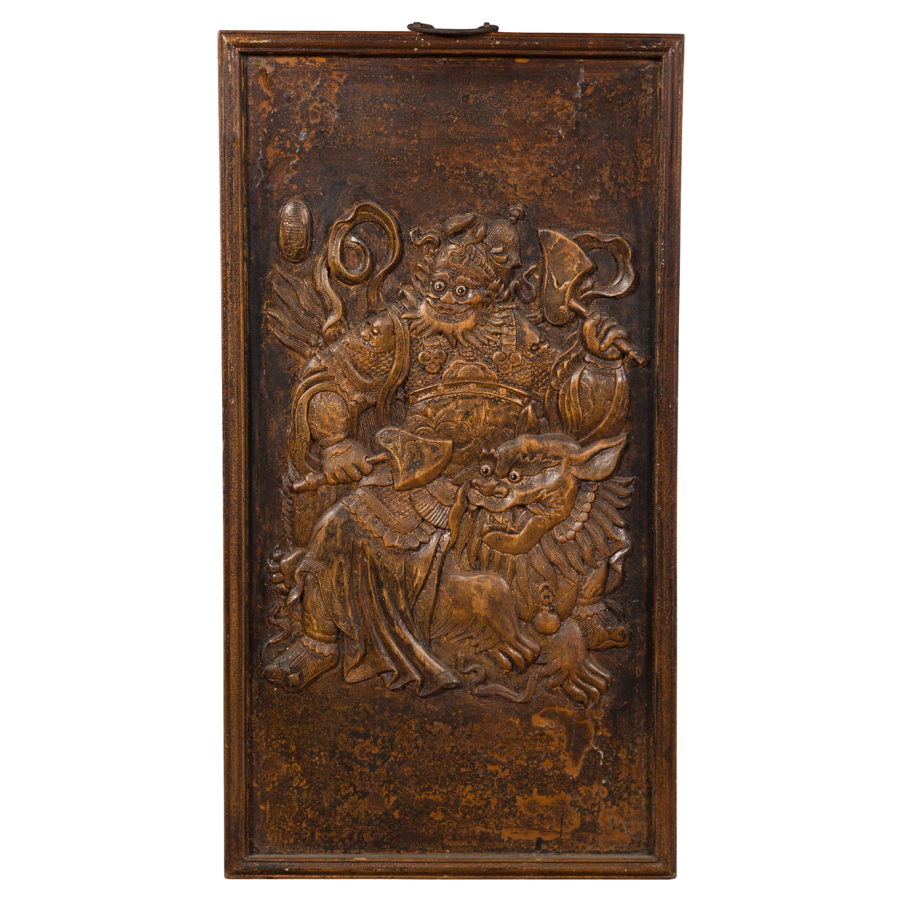 Chinese Zhejiang Vintage Low-Relief Wall Plaque Depicting a Celestial Guardian