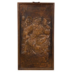 Chinesische Zhejiang-Wandtafel im Vintage-Stil mit niedrigem Relief, der einen himmlischen Guardian darstellt